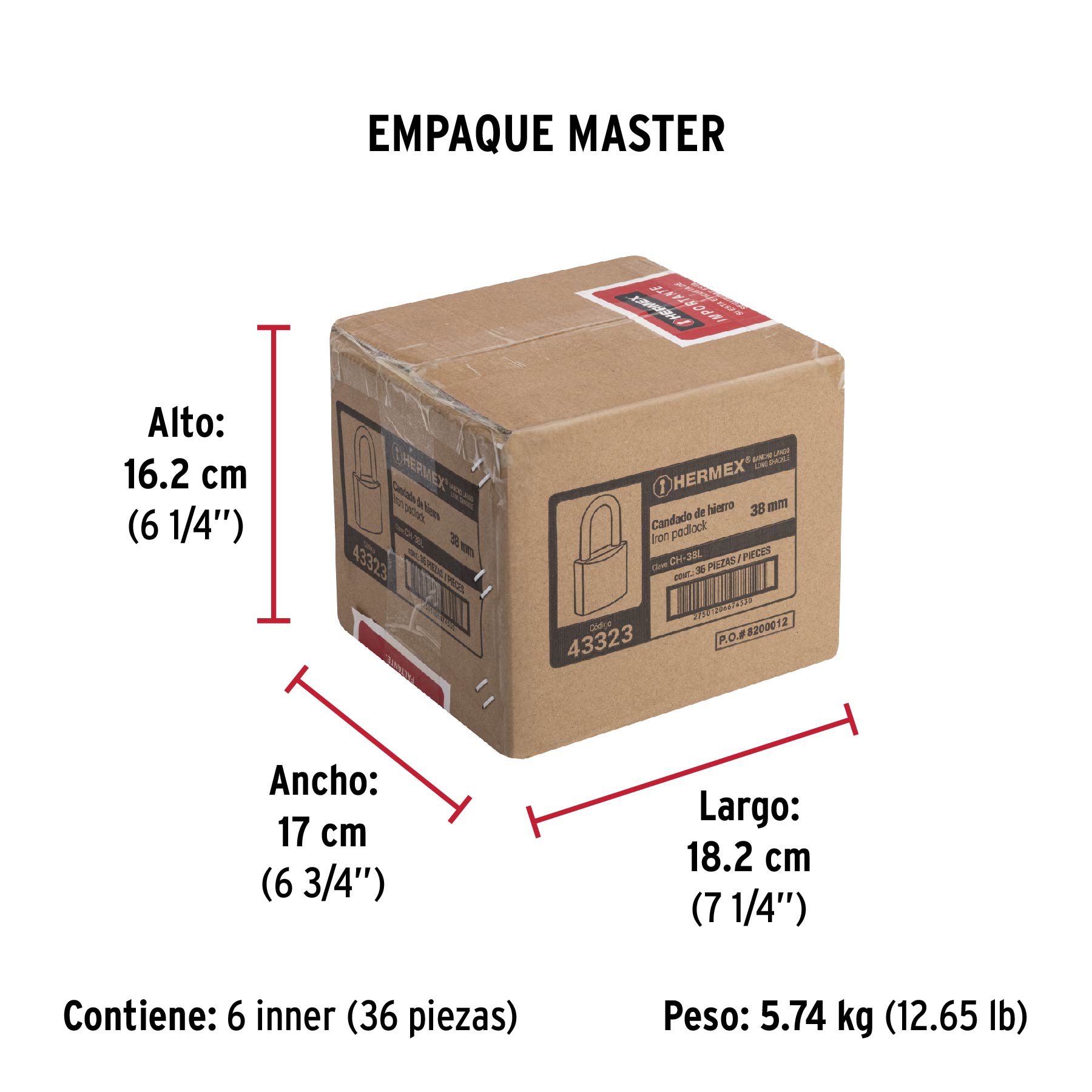 Candado de hierro 38 mm, gancho largo en caja, HERMEX - Empaque