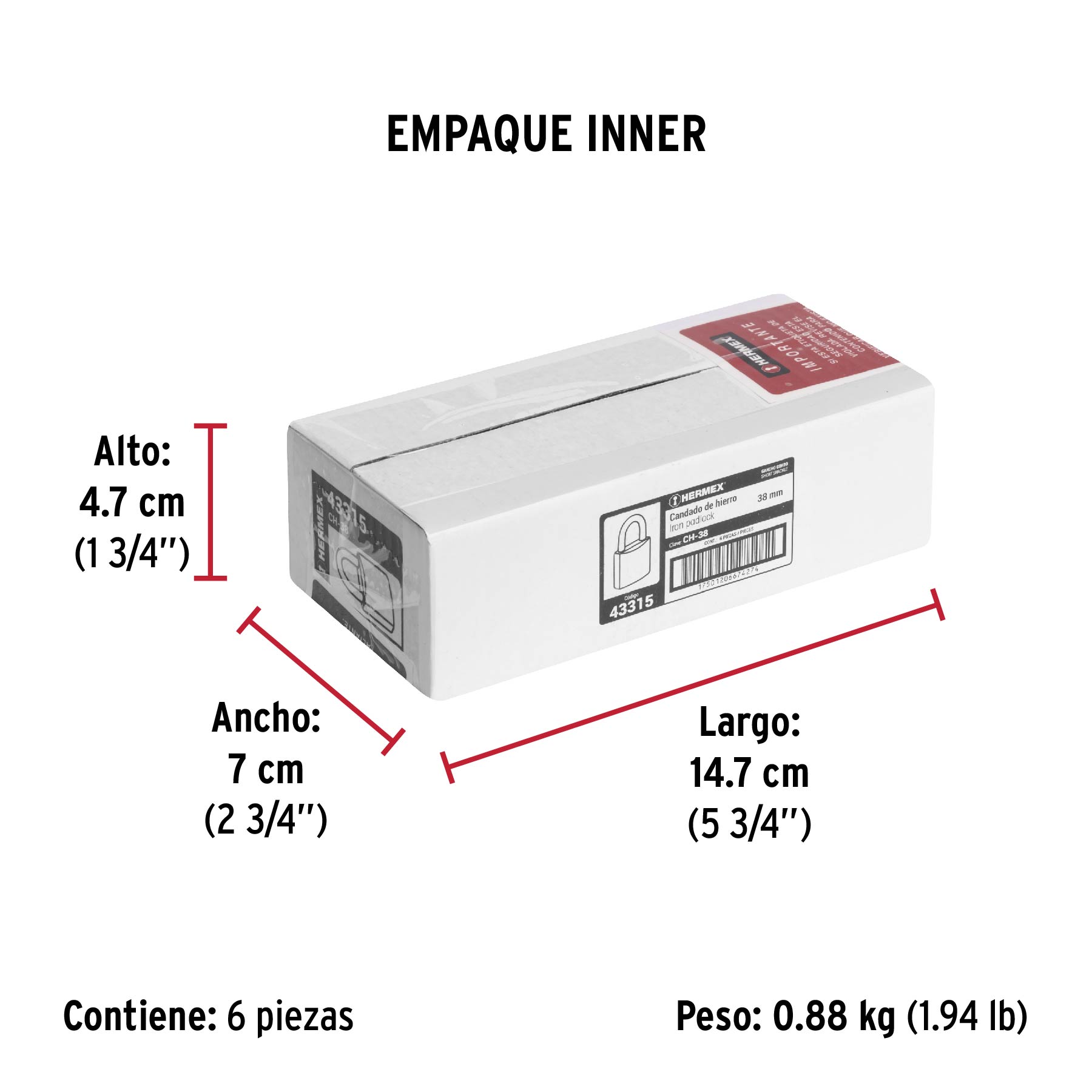 Candado de hierro 38 mm, gancho corto en caja, HERMEX - Empaque