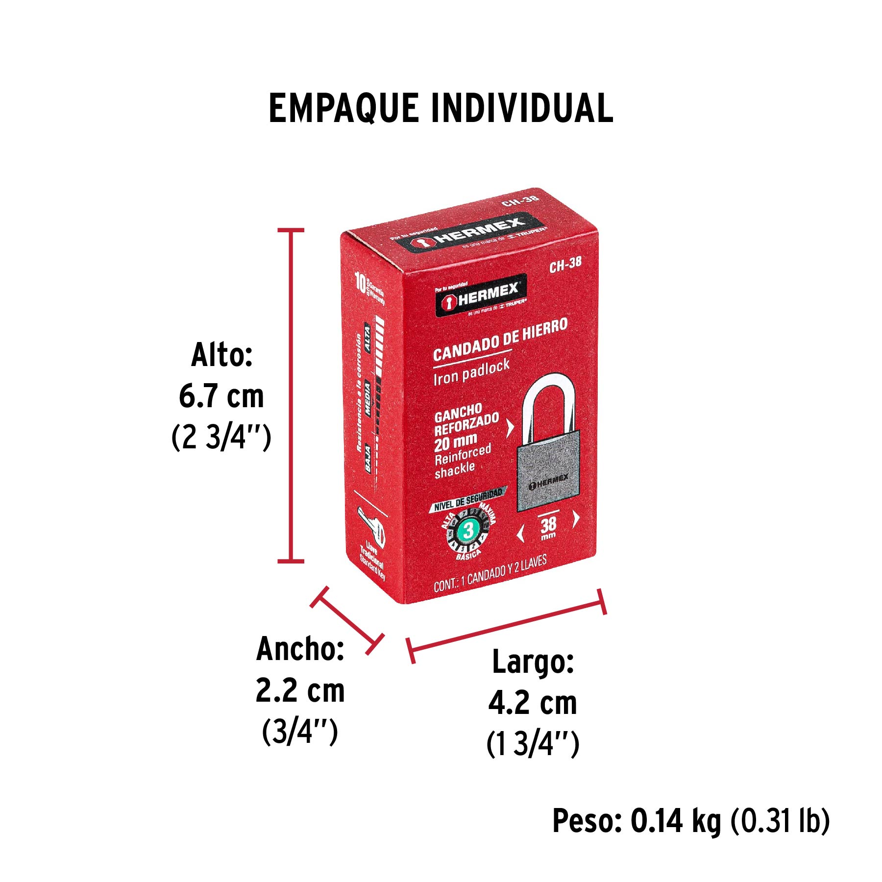 Candado de hierro 38 mm, gancho corto en caja, HERMEX - Empaque