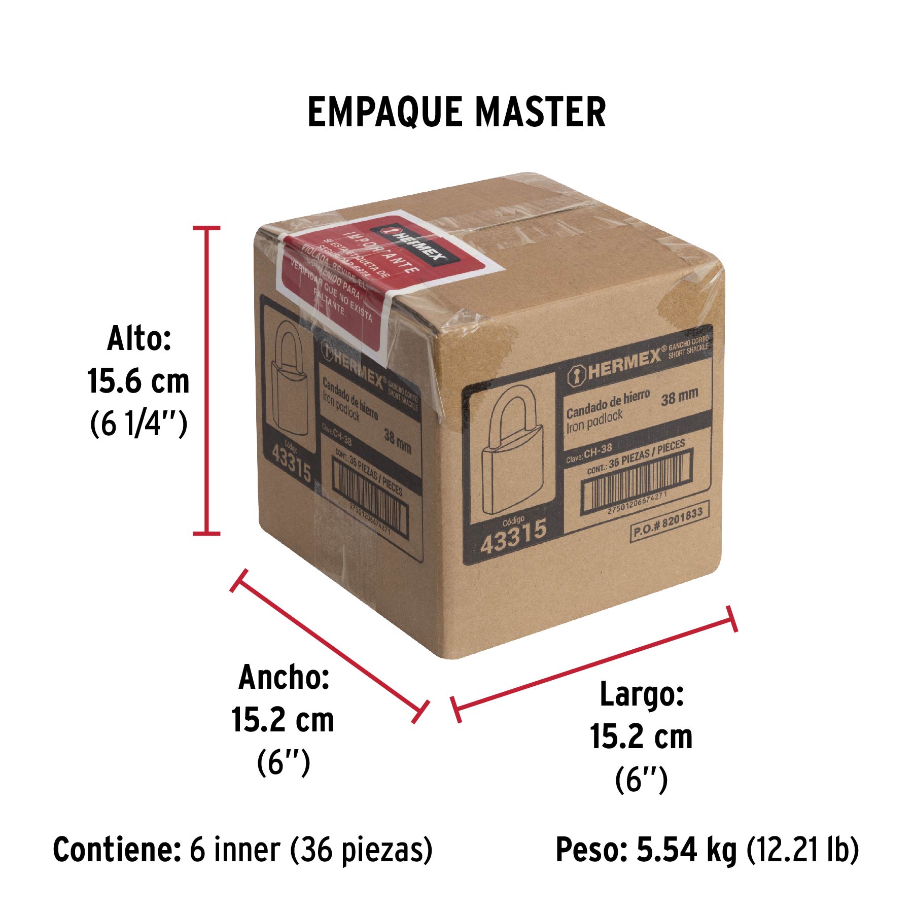Candado de hierro 38 mm, gancho corto en caja, HERMEX - Empaque