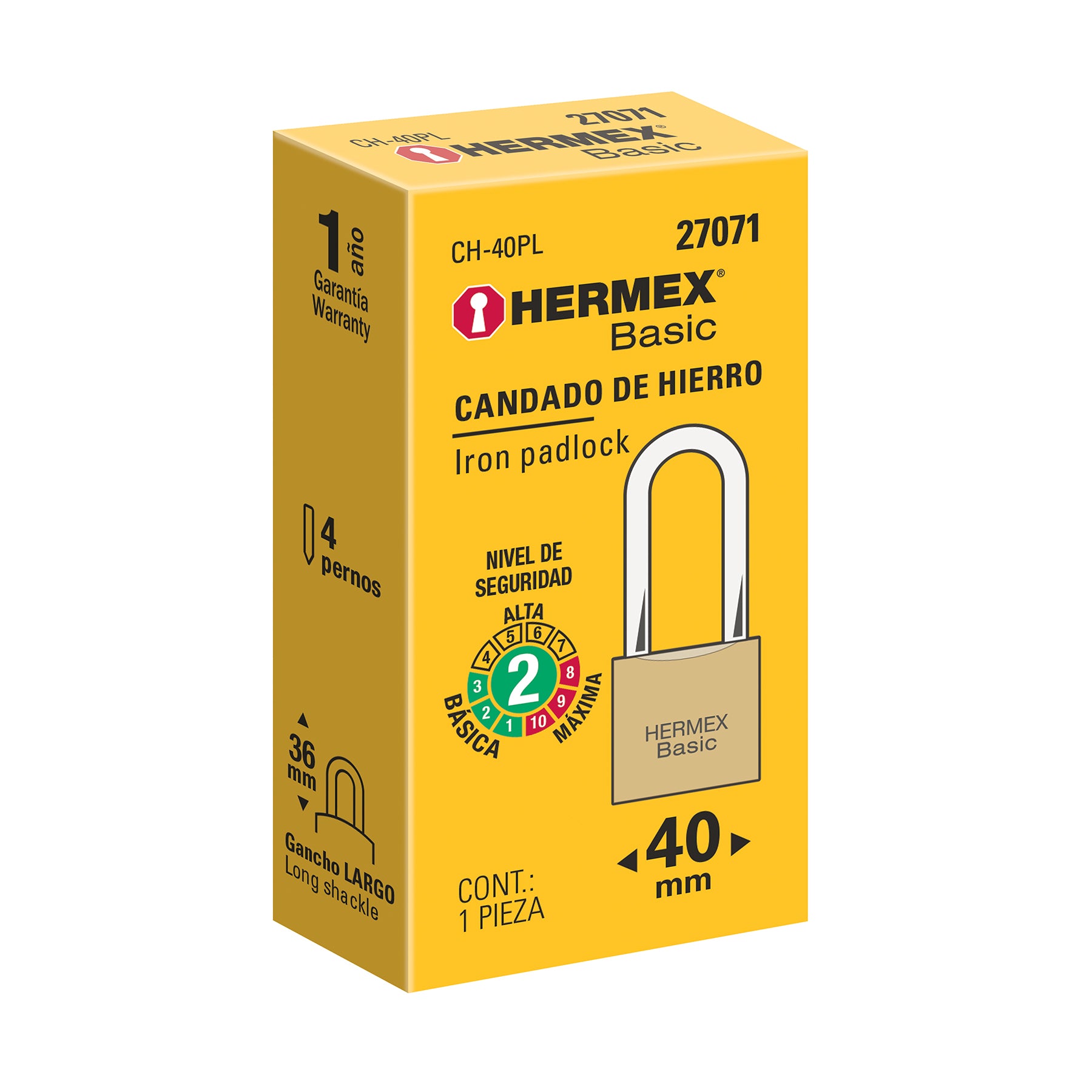 Candado de hierro 40 mm, color latón, largo, caja, BASIC