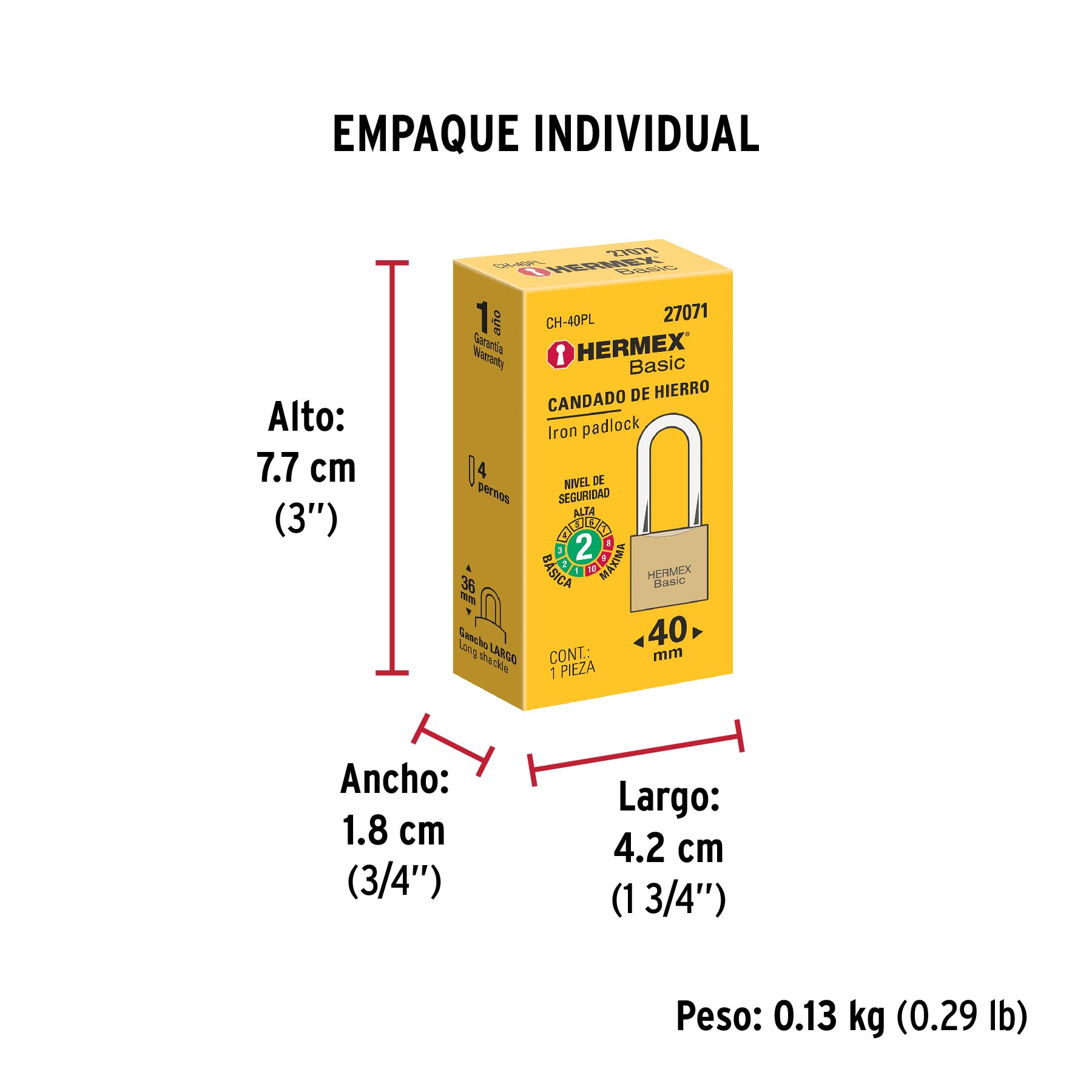 Candado de hierro 40 mm, color latón, largo, caja, BASIC - Empaque