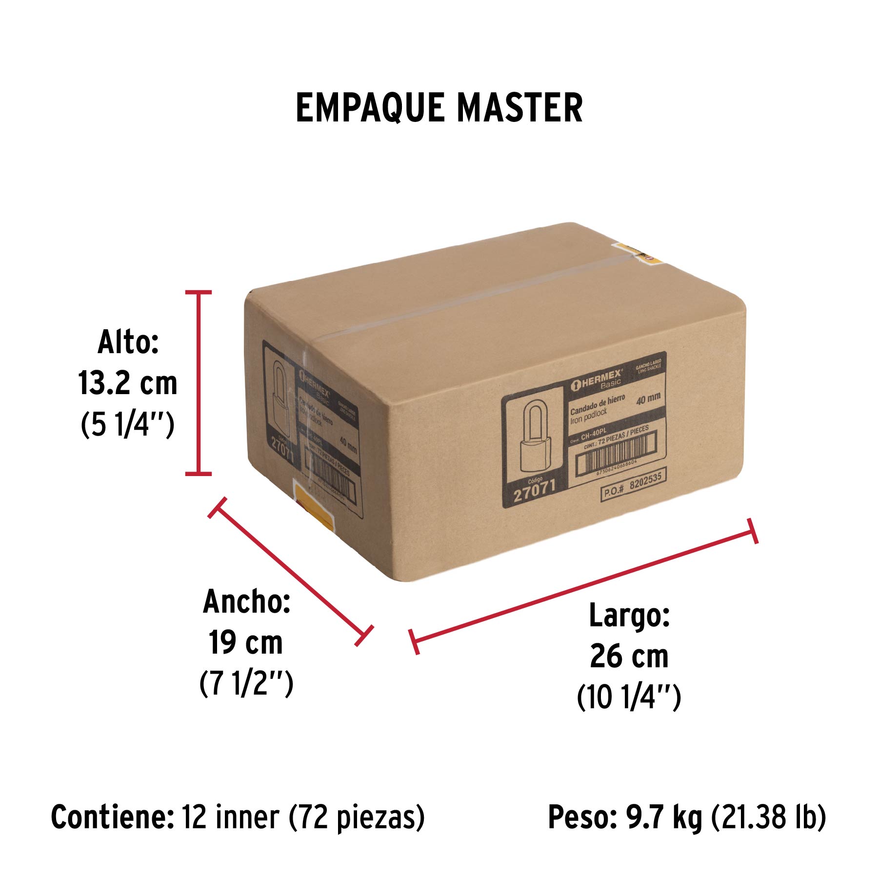 Candado de hierro 40 mm, color latón, largo, caja, BASIC - Empaque