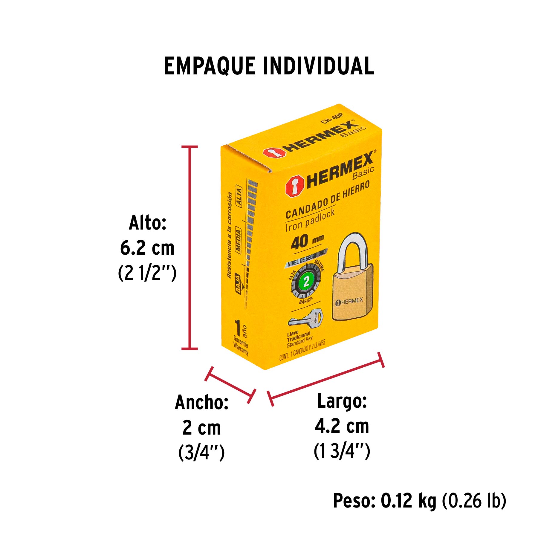 Candado de hierro 40 mm, color latón, corto, caja, BASIC - Empaque