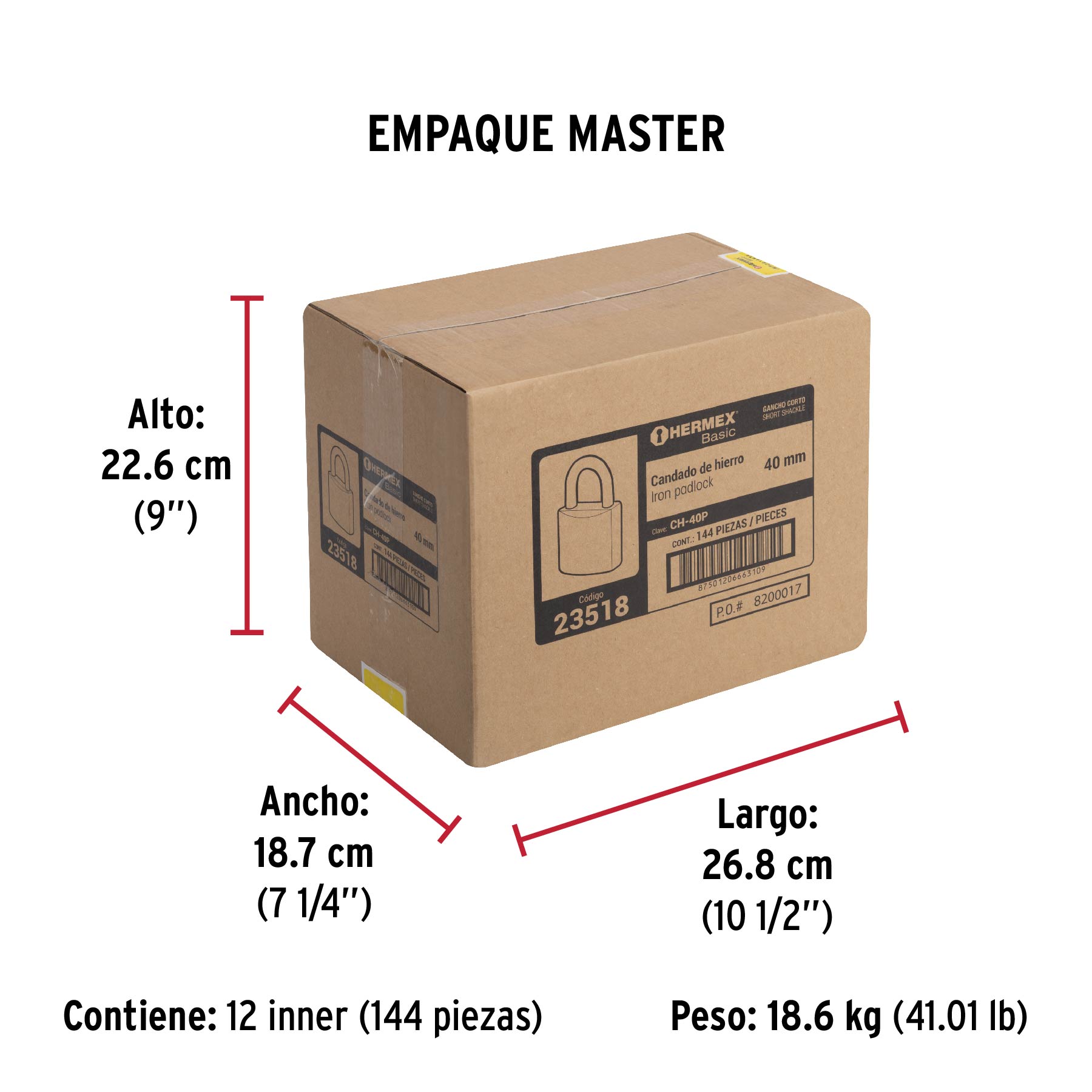 Candado de hierro 40 mm, color latón, corto, caja, BASIC - Empaque