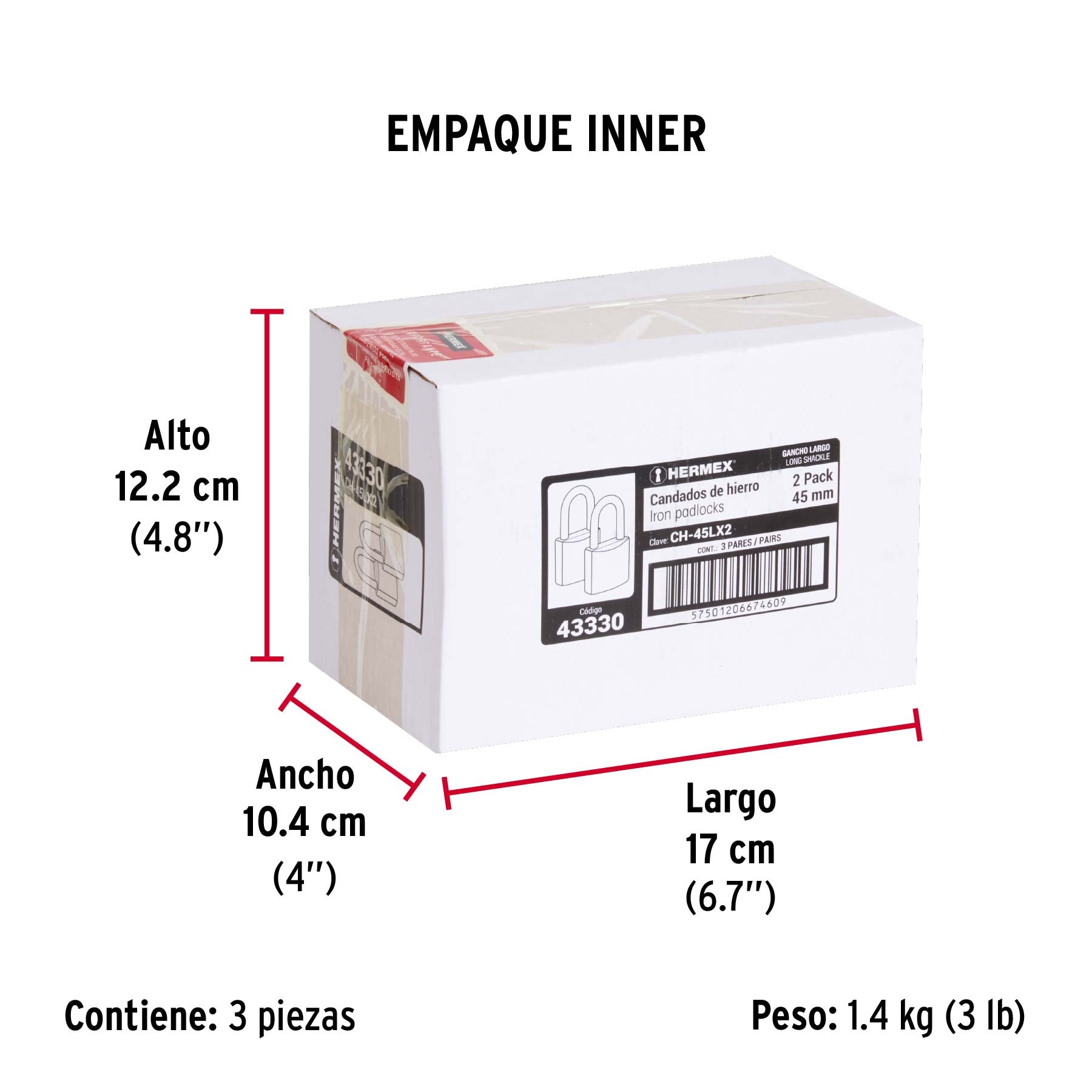 Blíster con 2 candados de hierro de 45 mm, gancho largo - Empaque