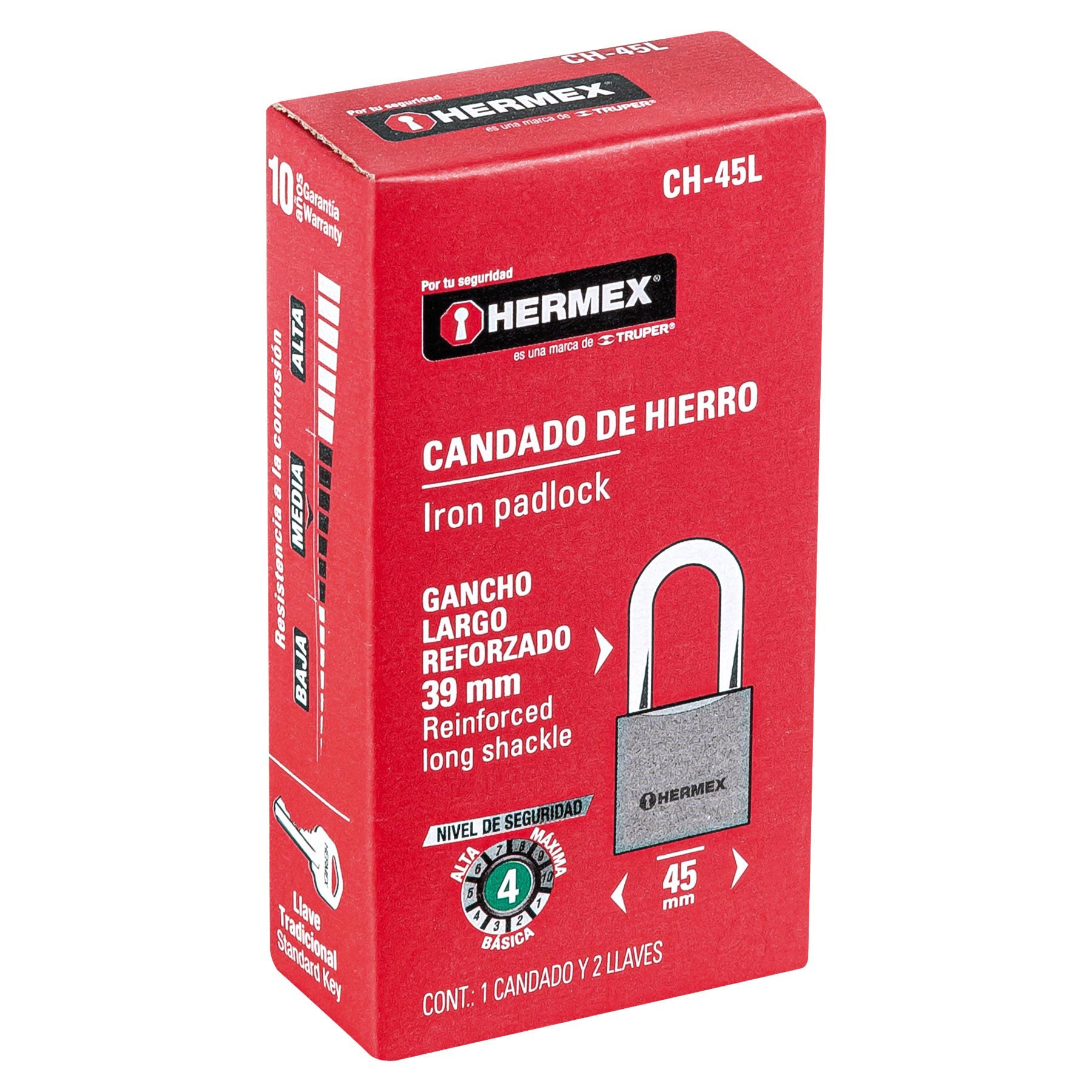 Candado de hierro 45 mm, gancho largo en caja, HERMEX