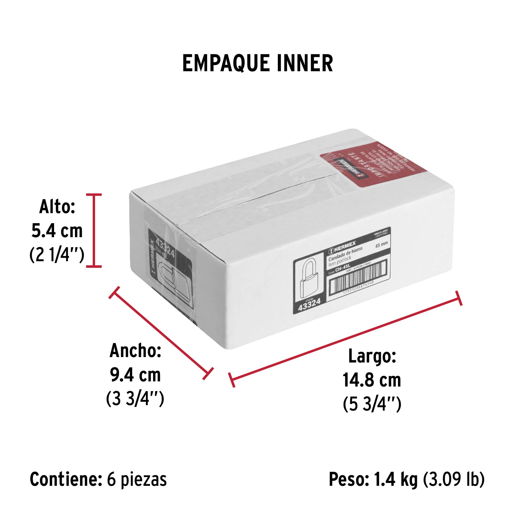 Candado de hierro 45 mm, gancho largo en caja, HERMEX - Empaque