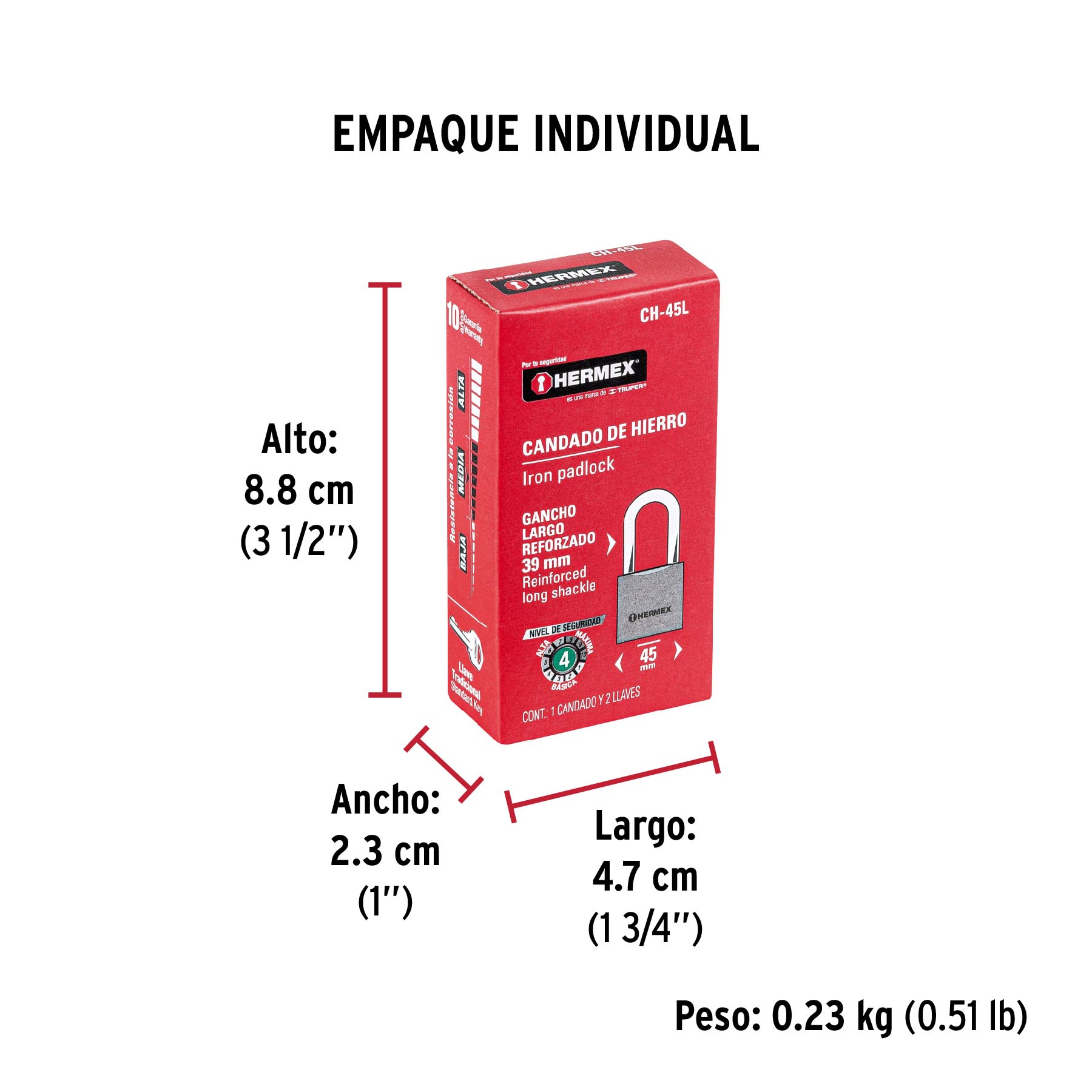 Candado de hierro 45 mm, gancho largo en caja, HERMEX - Empaque