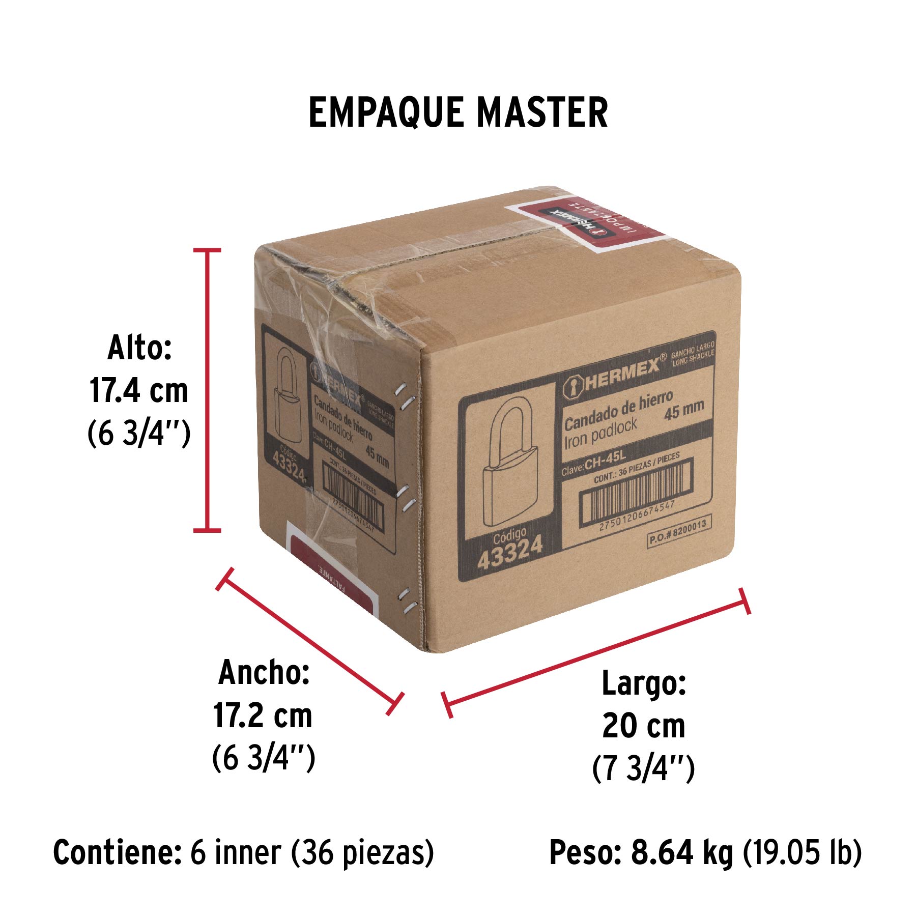 Candado de hierro 45 mm, gancho largo en caja, HERMEX - Empaque