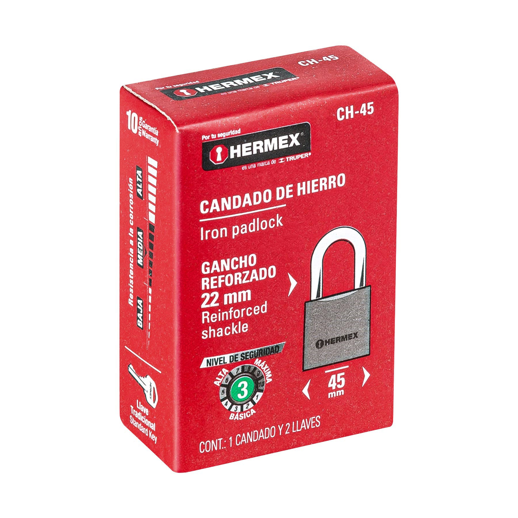 Candado de hierro 45 mm, gancho corto en caja, HERMEX