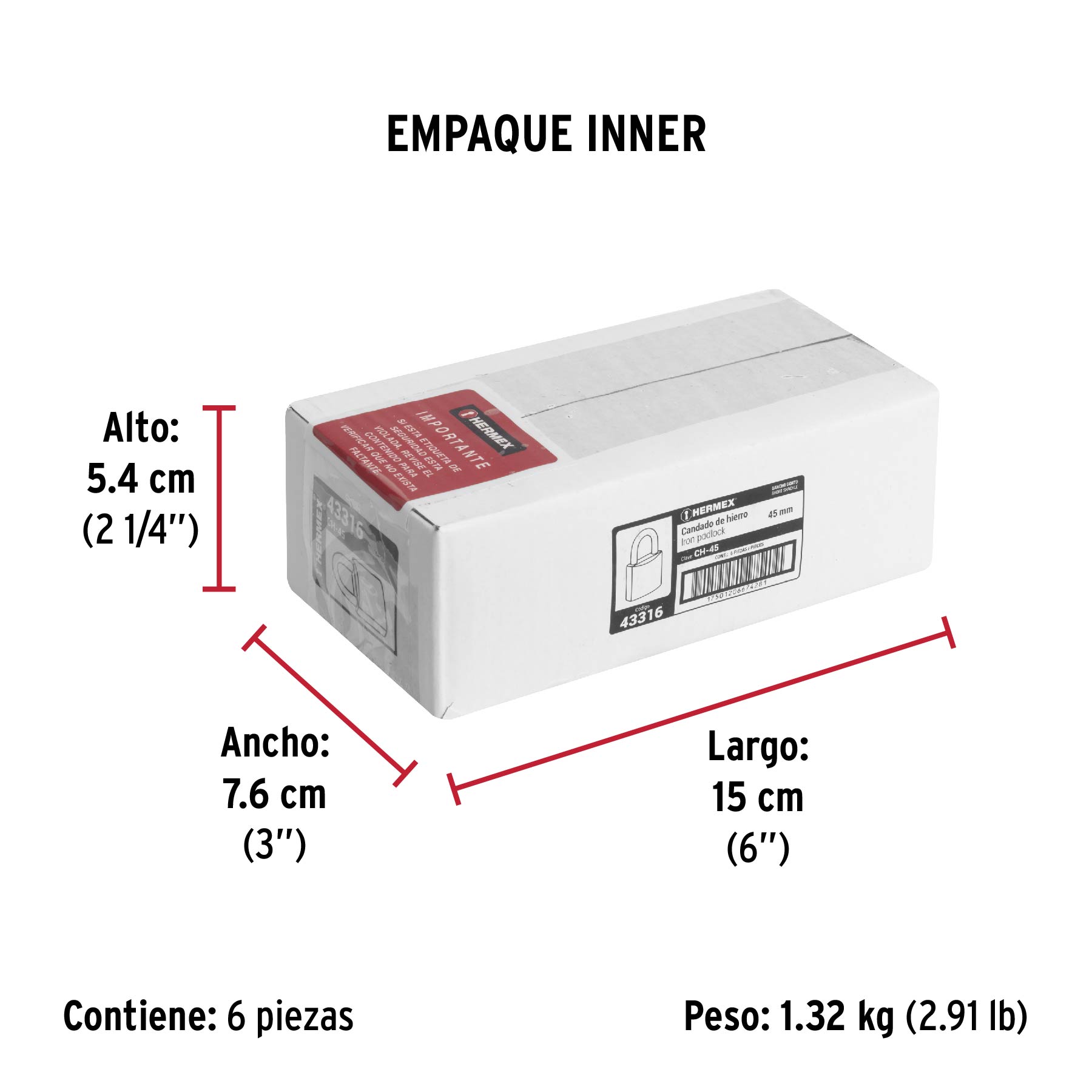 Candado de hierro 45 mm, gancho corto en caja, HERMEX - Empaque