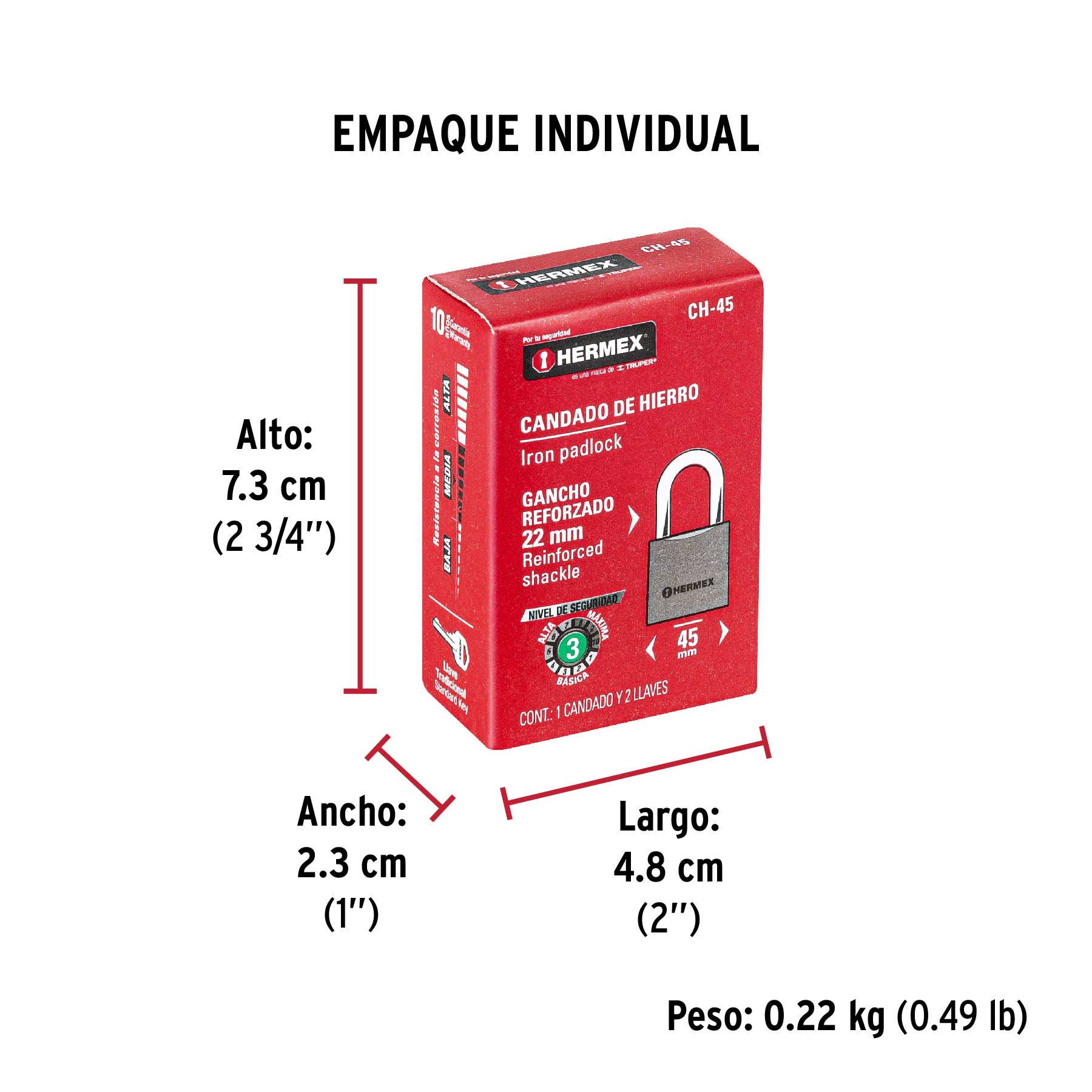 Candado de hierro 45 mm, gancho corto en caja, HERMEX - Empaque