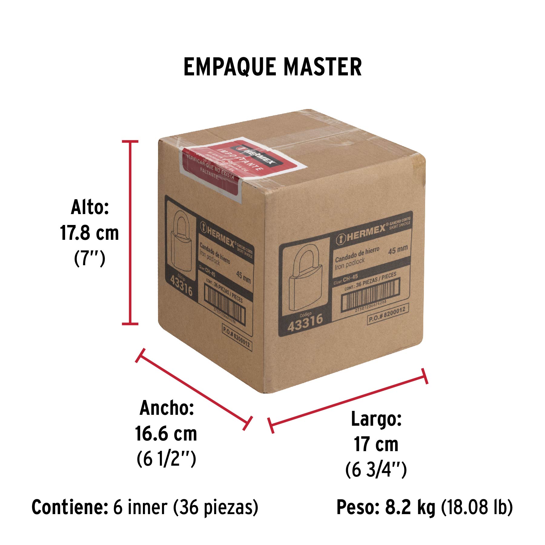Candado de hierro 45 mm, gancho corto en caja, HERMEX - Empaque