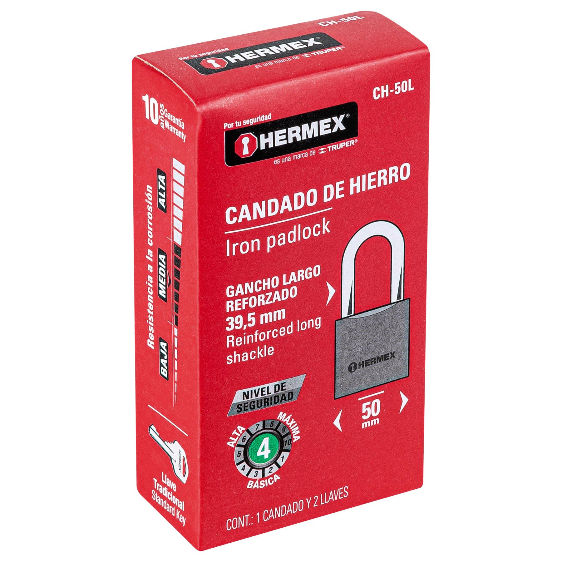 Candado de hierro 50 mm, gancho largo en caja, HERMEX