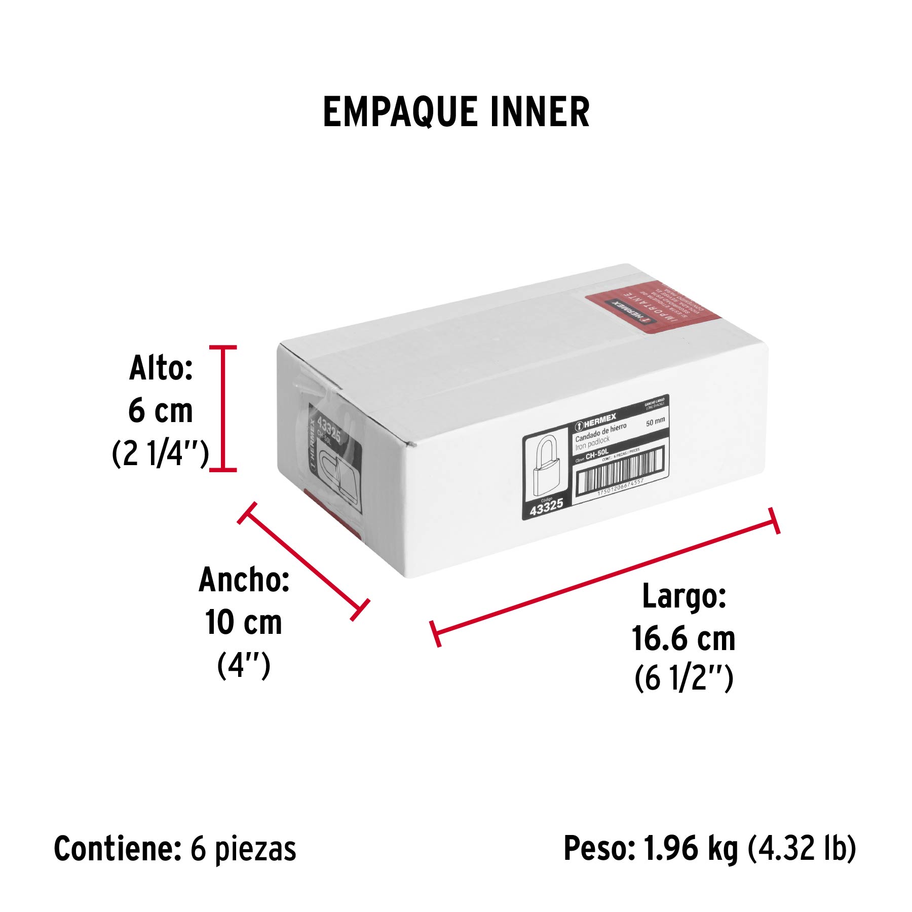 Candado de hierro 50 mm, gancho largo en caja, HERMEX - Empaque