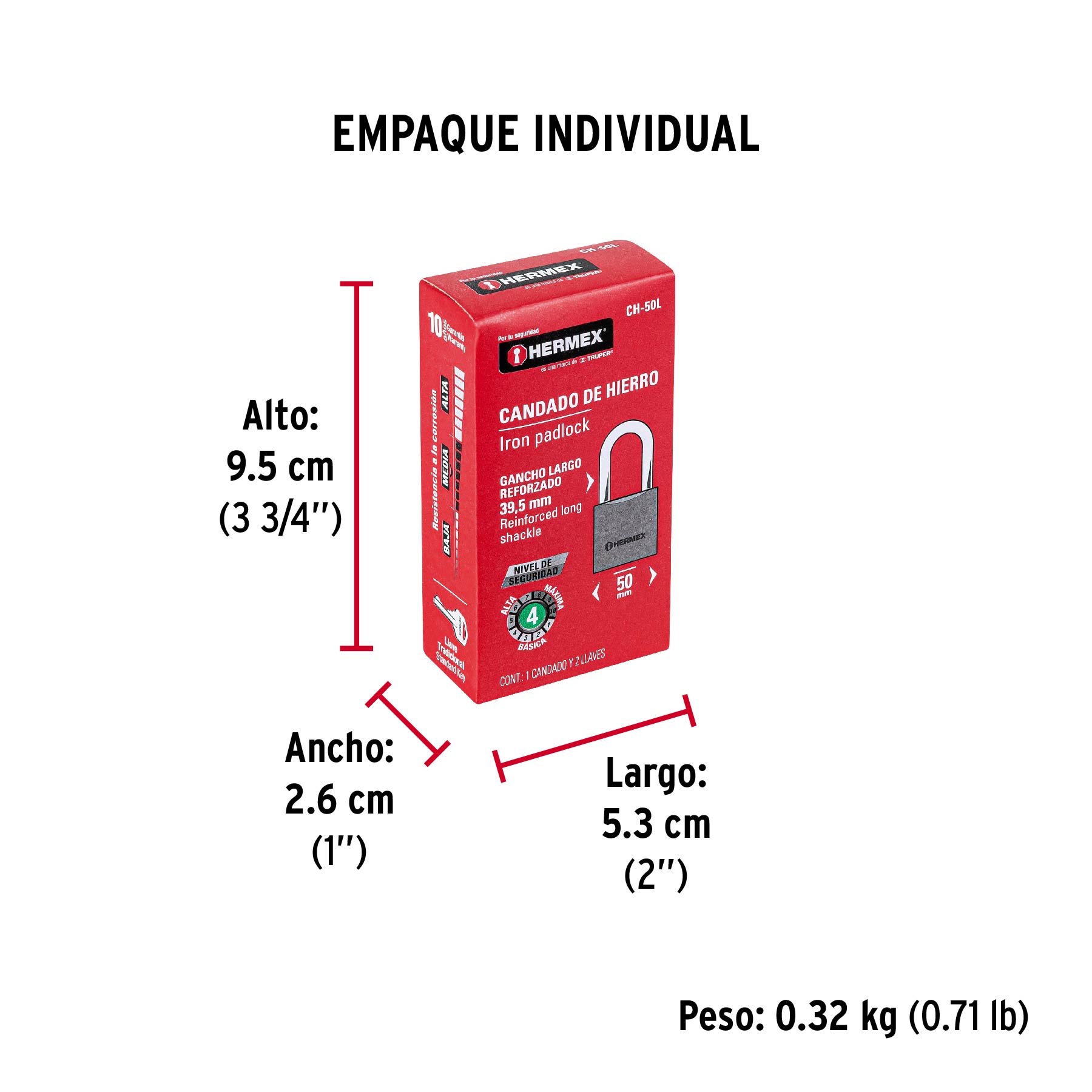 Candado de hierro 50 mm, gancho largo en caja, HERMEX - Empaque
