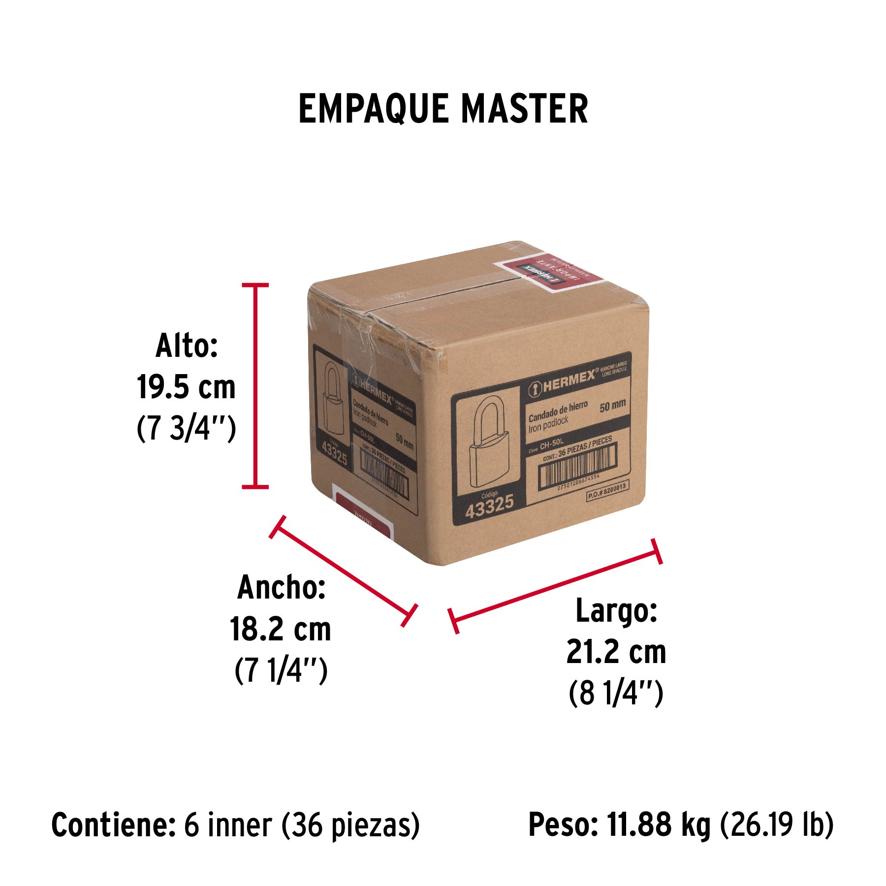 Candado de hierro 50 mm, gancho largo en caja, HERMEX - Empaque