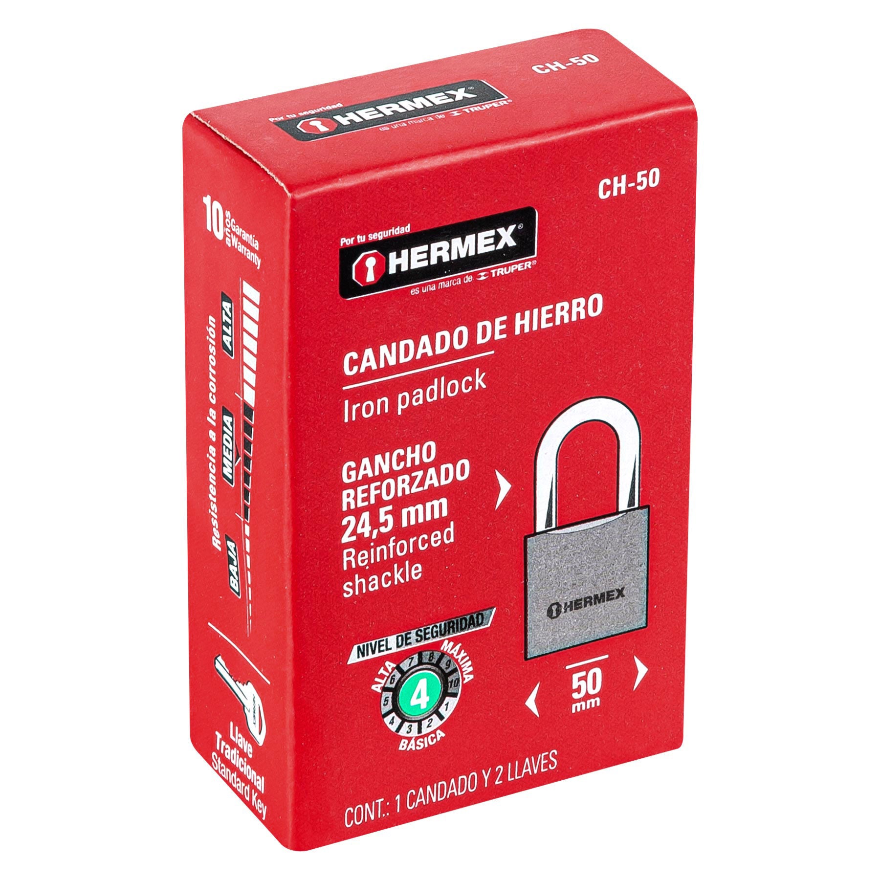 Candado de hierro 50 mm, gancho corto en caja, HERMEX