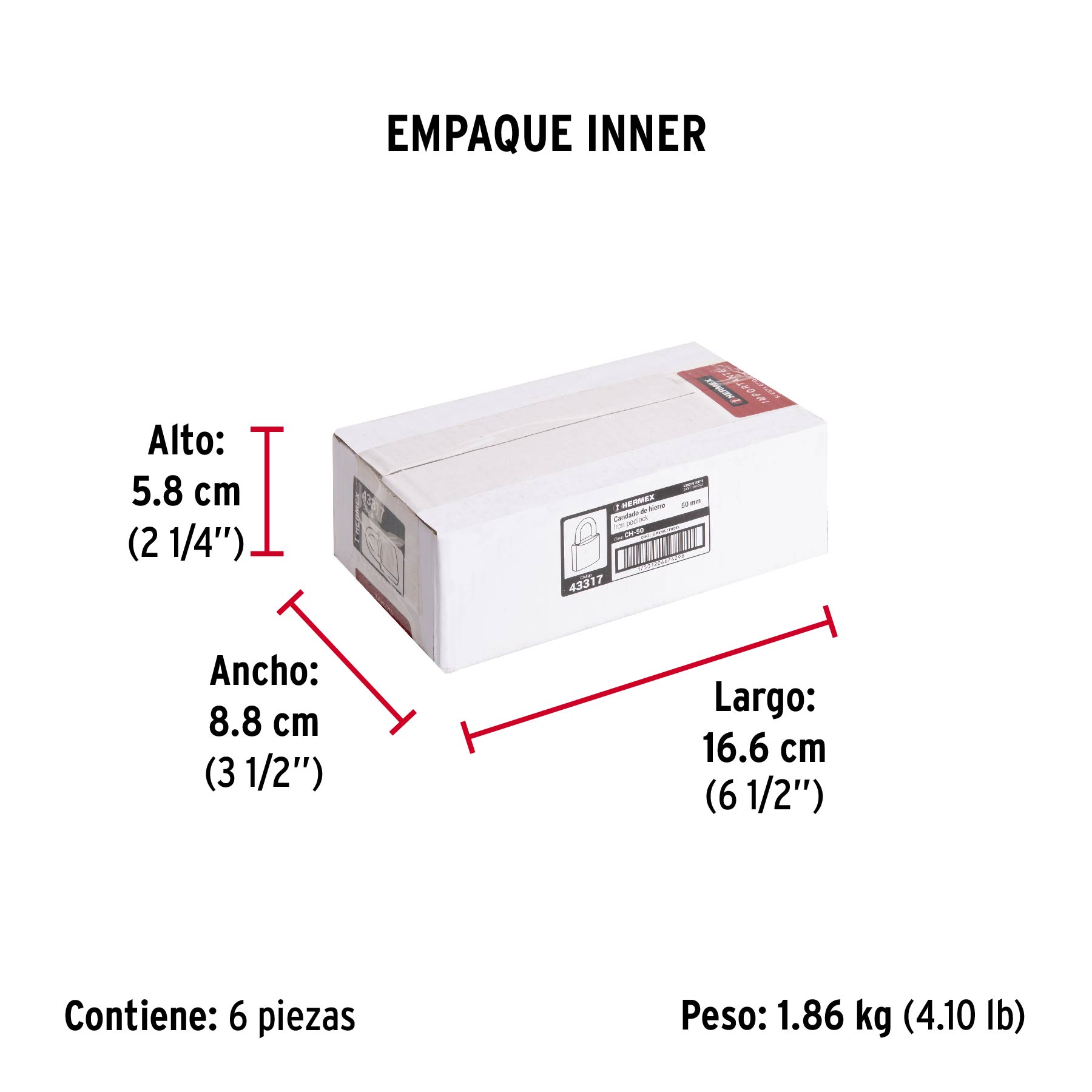 Candado de hierro 50 mm, gancho corto en caja, HERMEX - Empaque