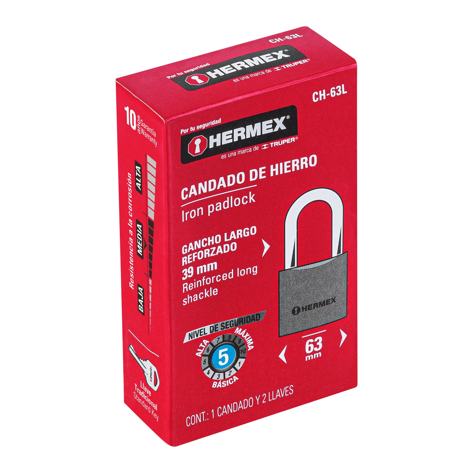 Candado de hierro 63 mm, gancho largo en caja, HERMEX