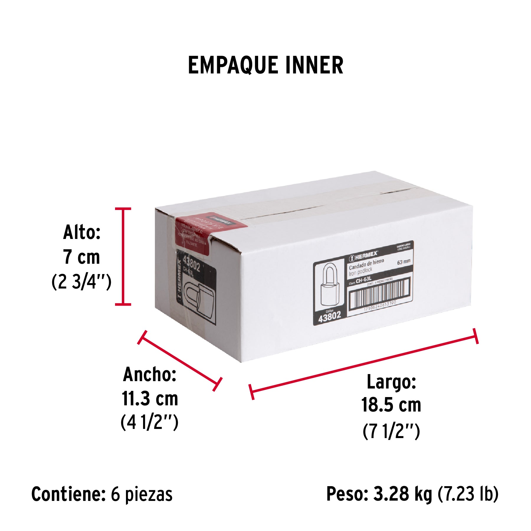 Candado de hierro 63 mm, gancho largo en caja, HERMEX - Empaque