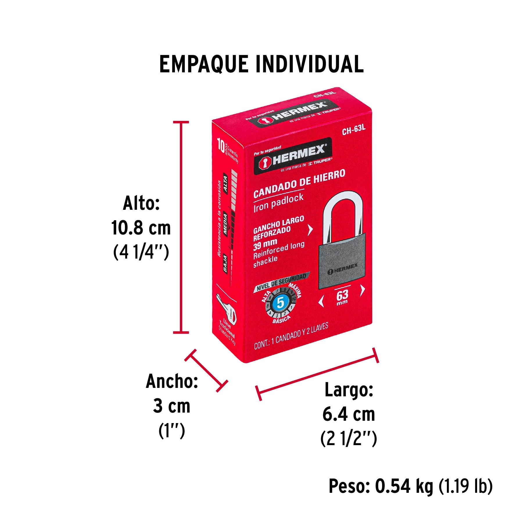 Candado de hierro 63 mm, gancho largo en caja, HERMEX - Empaque