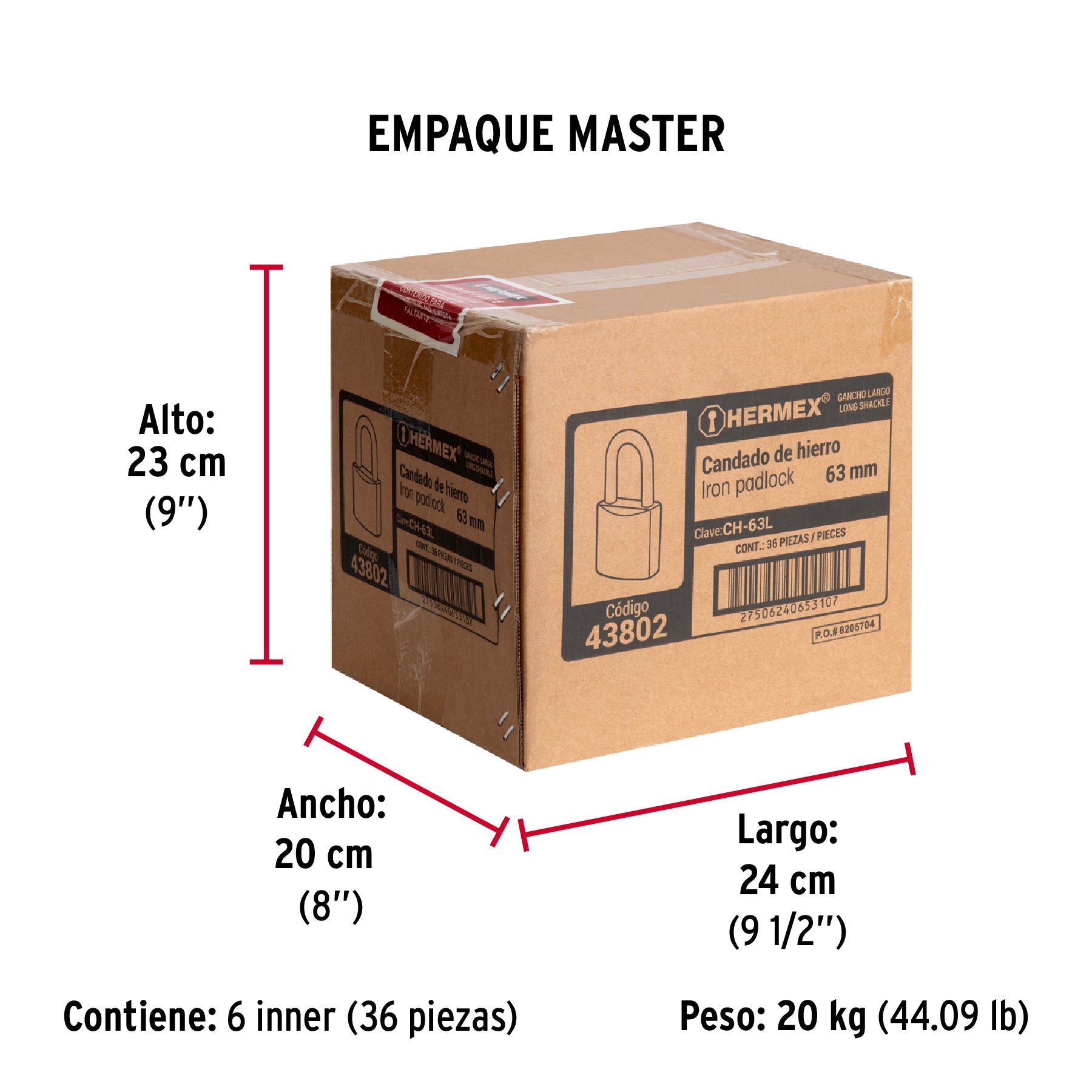 Candado de hierro 63 mm, gancho largo en caja, HERMEX - Empaque