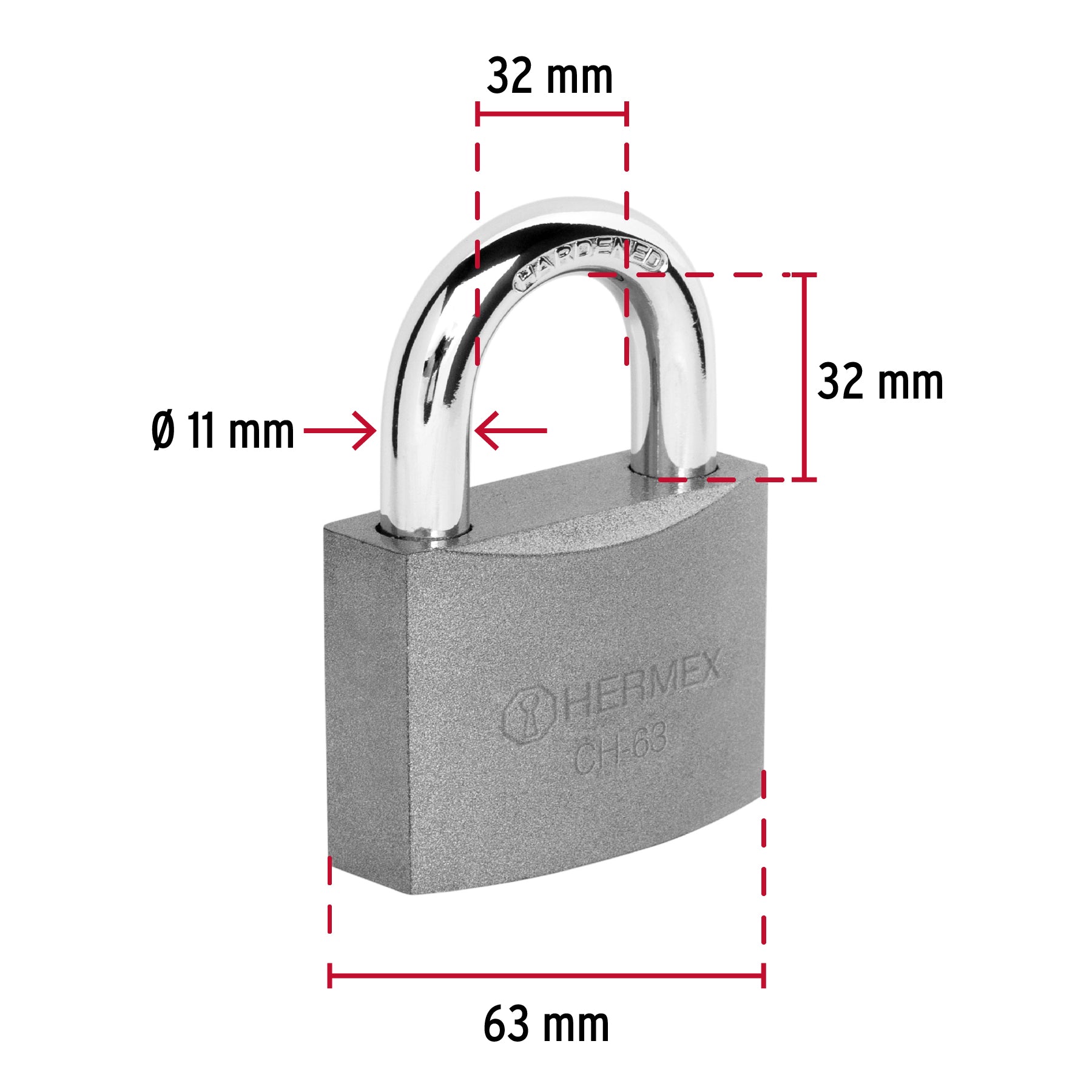 Candado de hierro 63 mm, gancho corto en caja, HERMEX