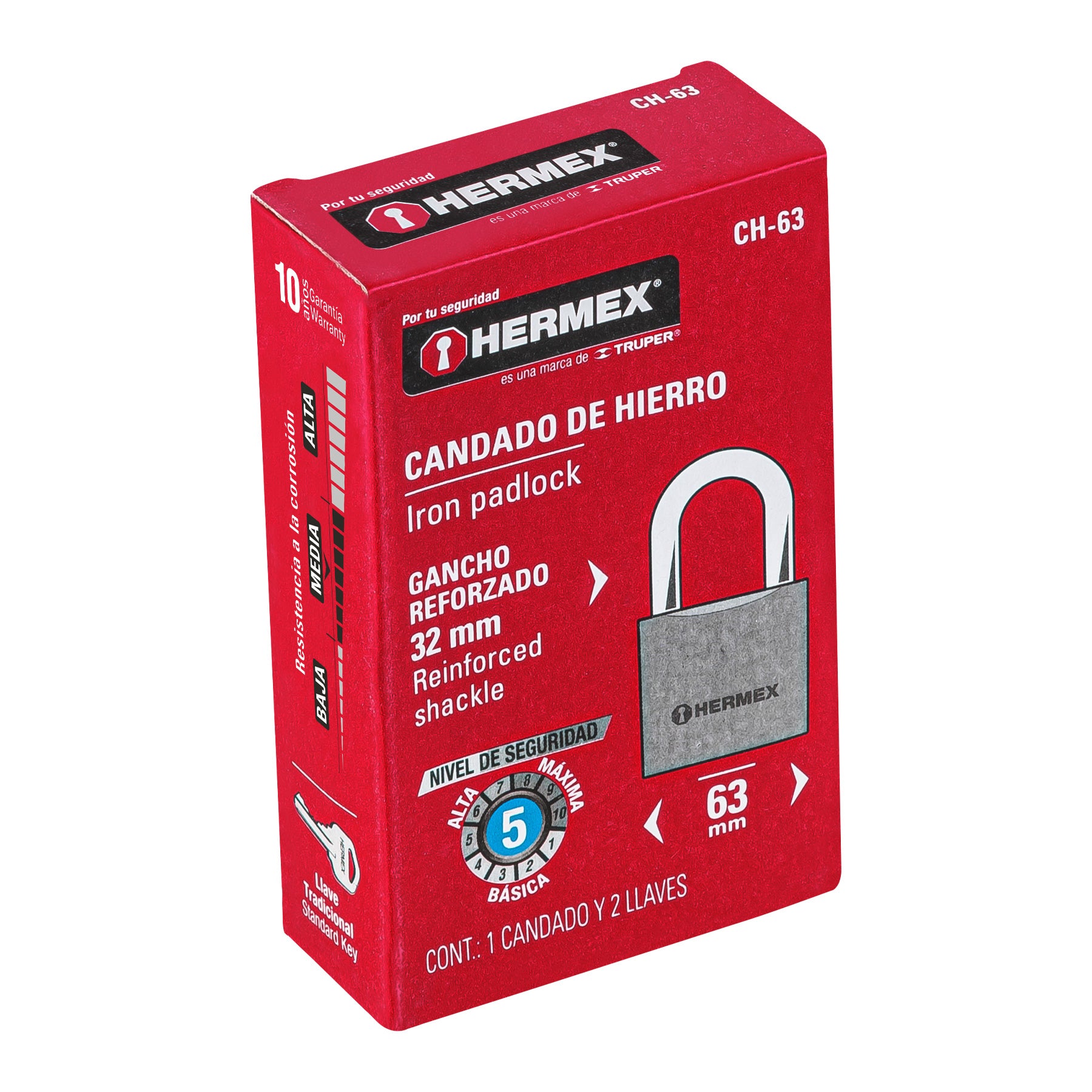 Candado de hierro 63 mm, gancho corto en caja, HERMEX