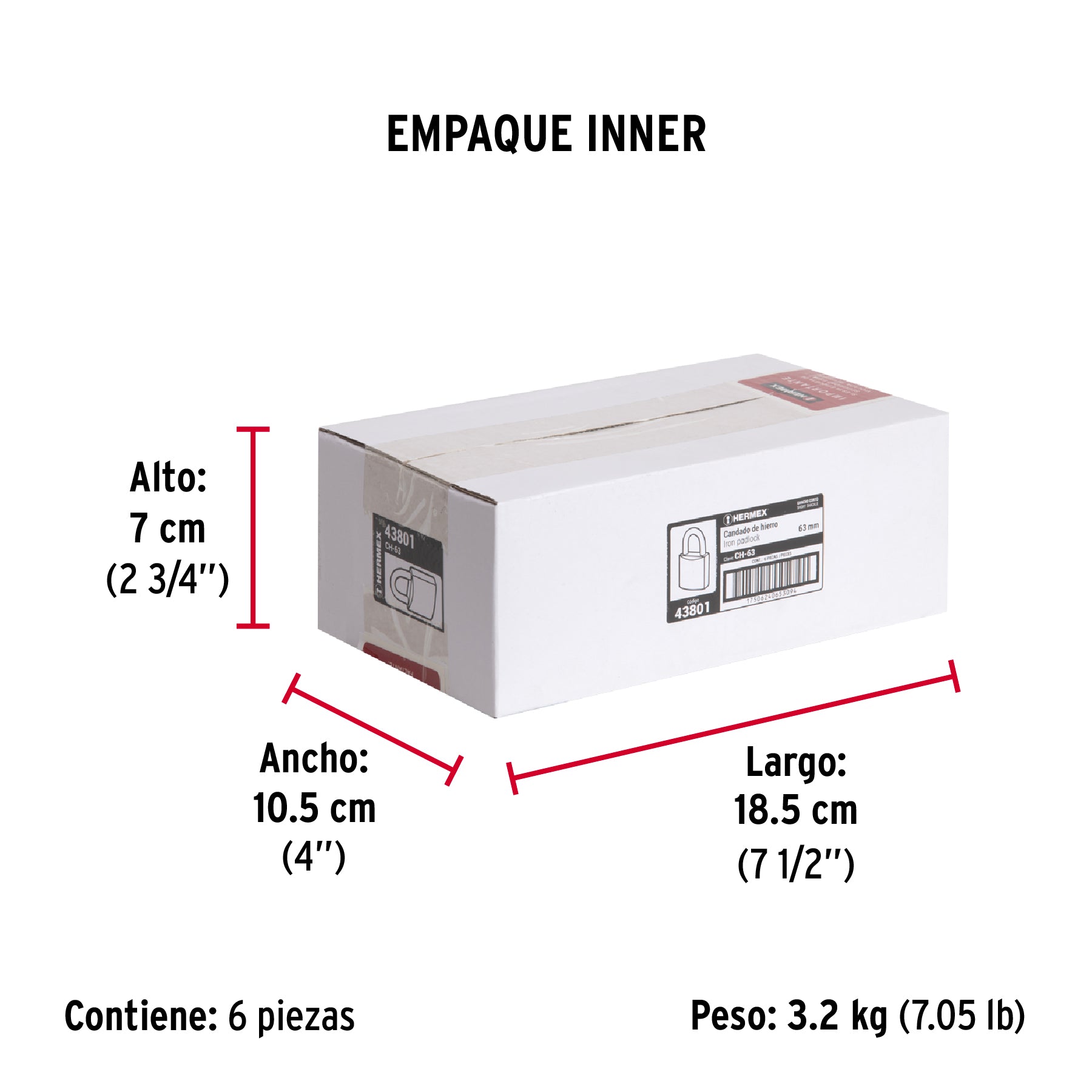 Candado de hierro 63 mm, gancho corto en caja, HERMEX - Empaque