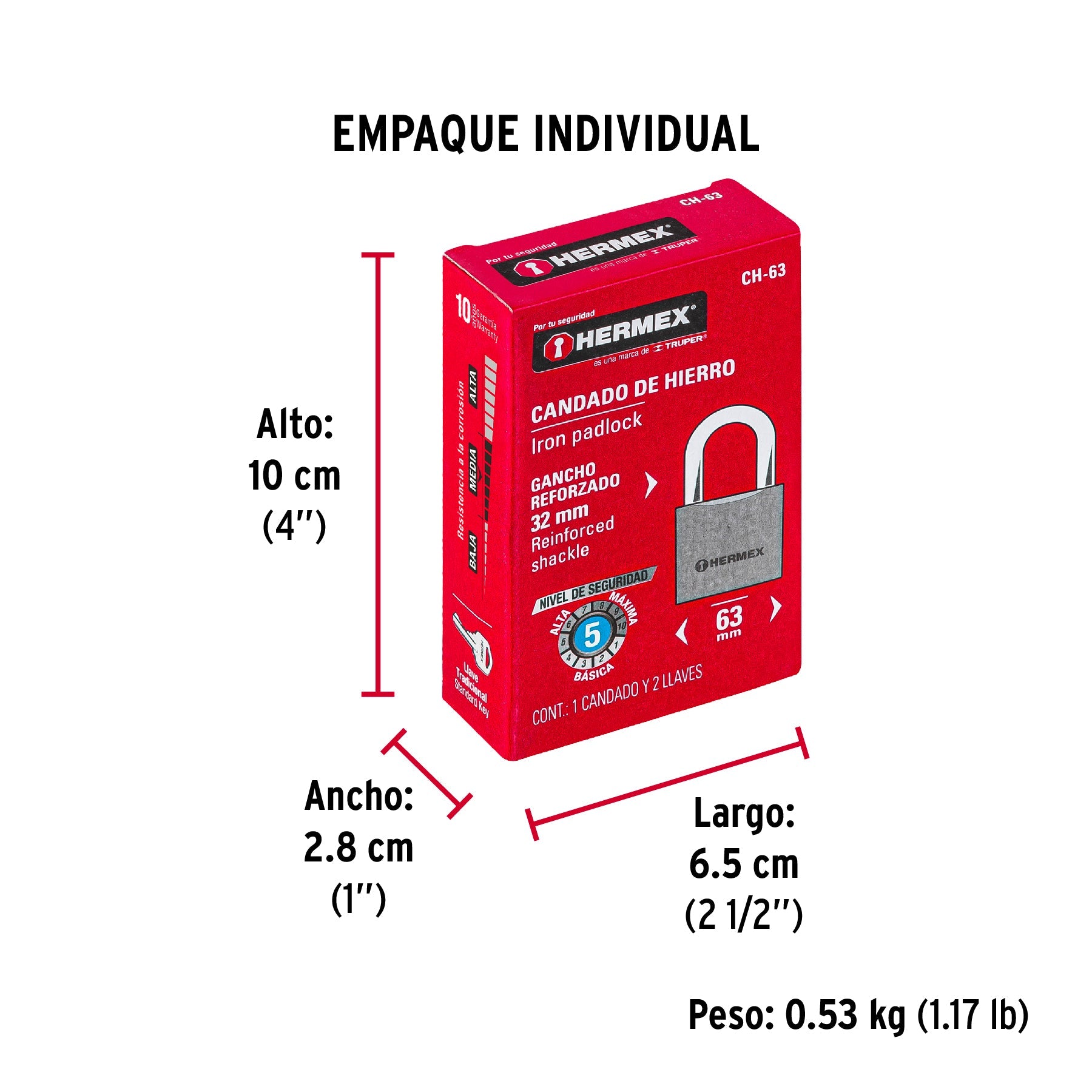Candado de hierro 63 mm, gancho corto en caja, HERMEX - Empaque