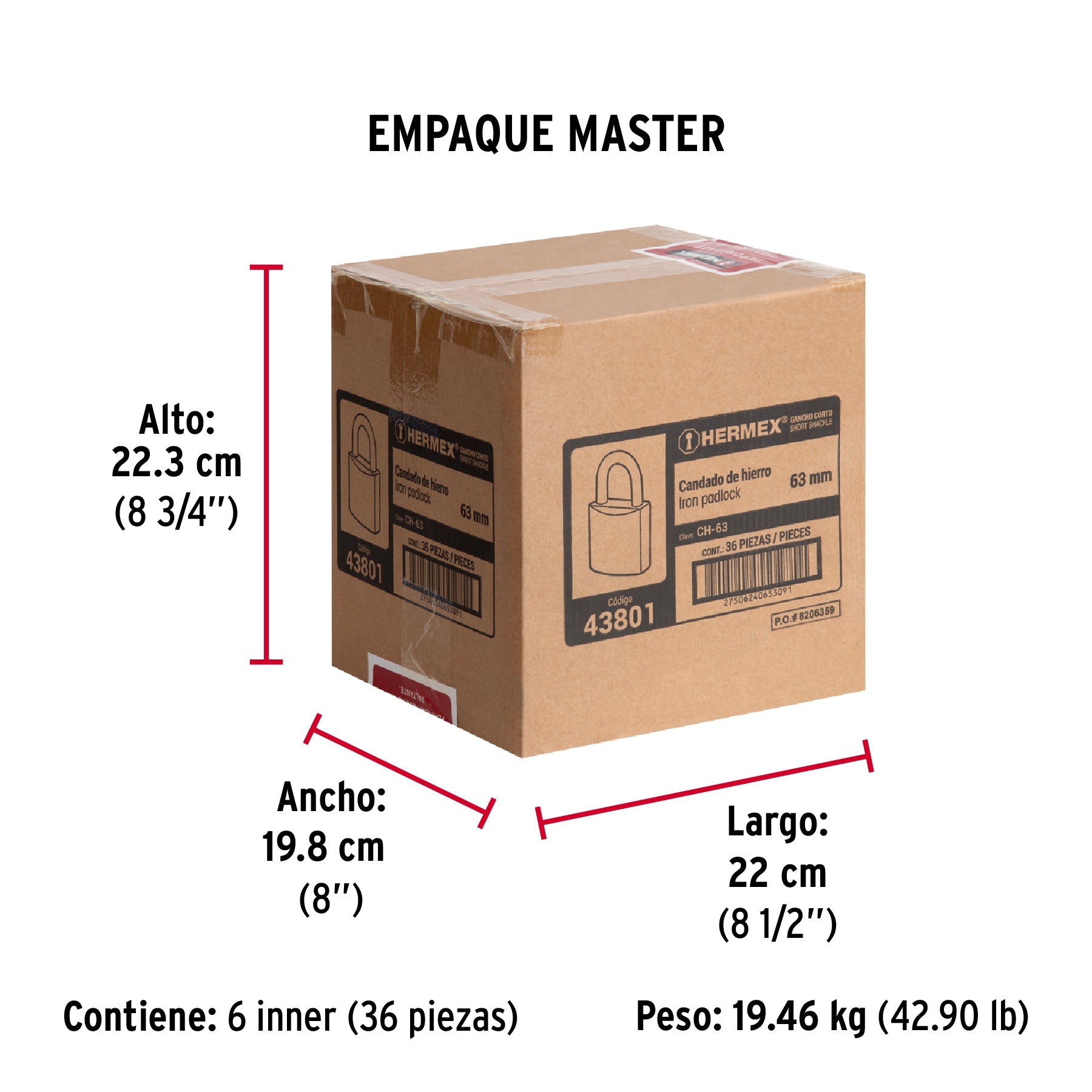 Candado de hierro 63 mm, gancho corto en caja, HERMEX - Empaque