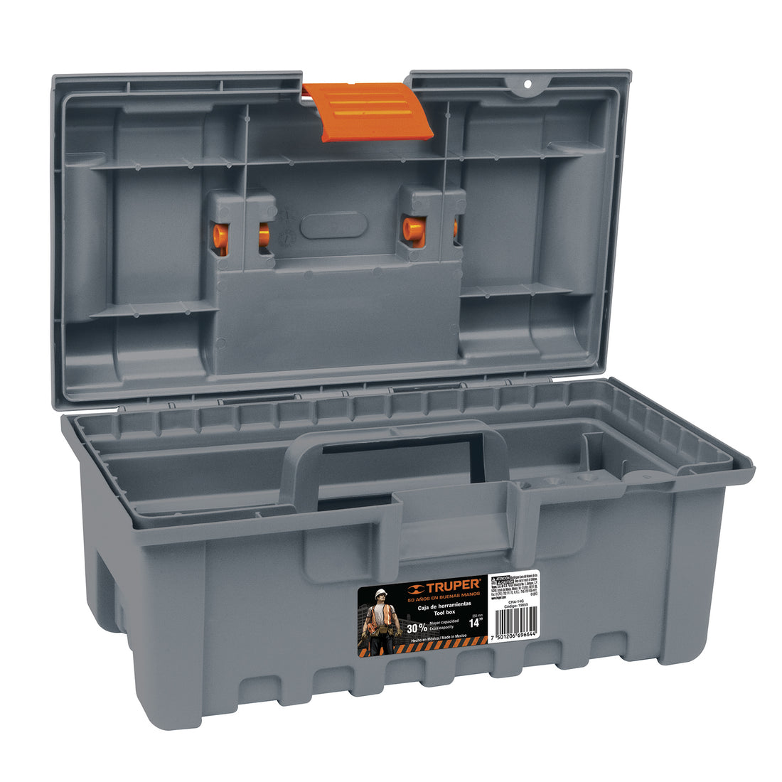 Caja para herramienta, amplia de 14", color gris