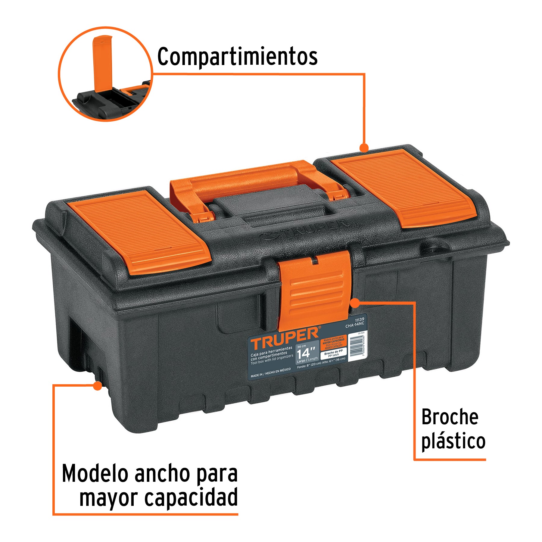 Caja para herramienta de 14" con compartimentos, TRUPER