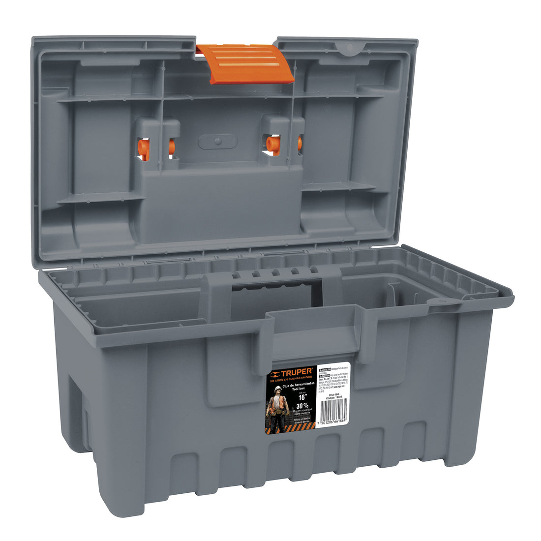 Caja para herramienta, amplia de 16", color gris