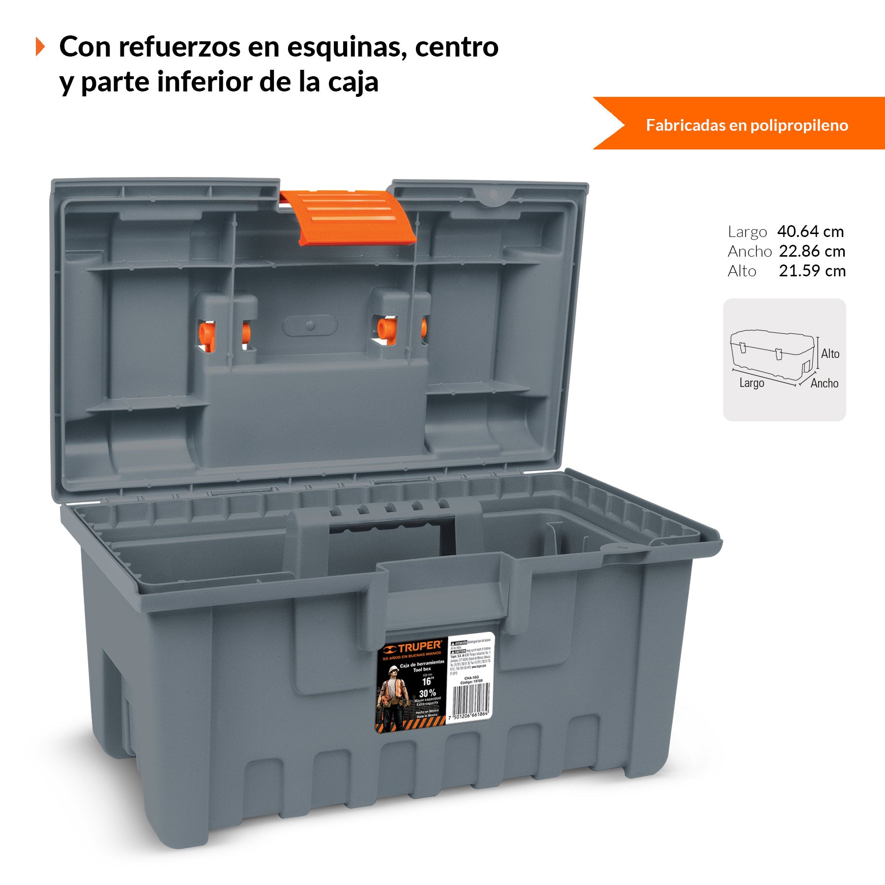 Caja para herramienta, amplia de 16", color gris