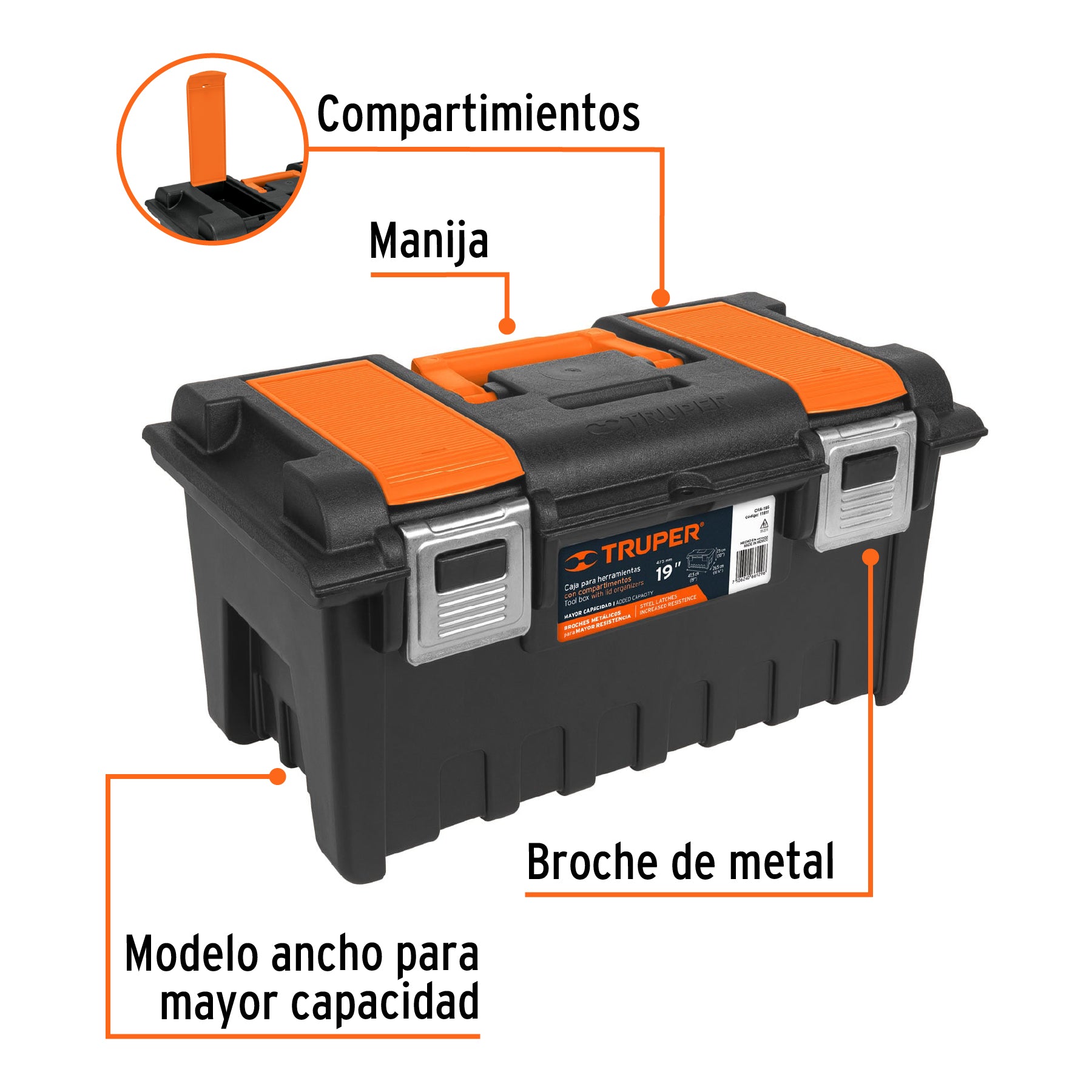 Caja p/herramienta 19" c/compartimentos y broches metálicos