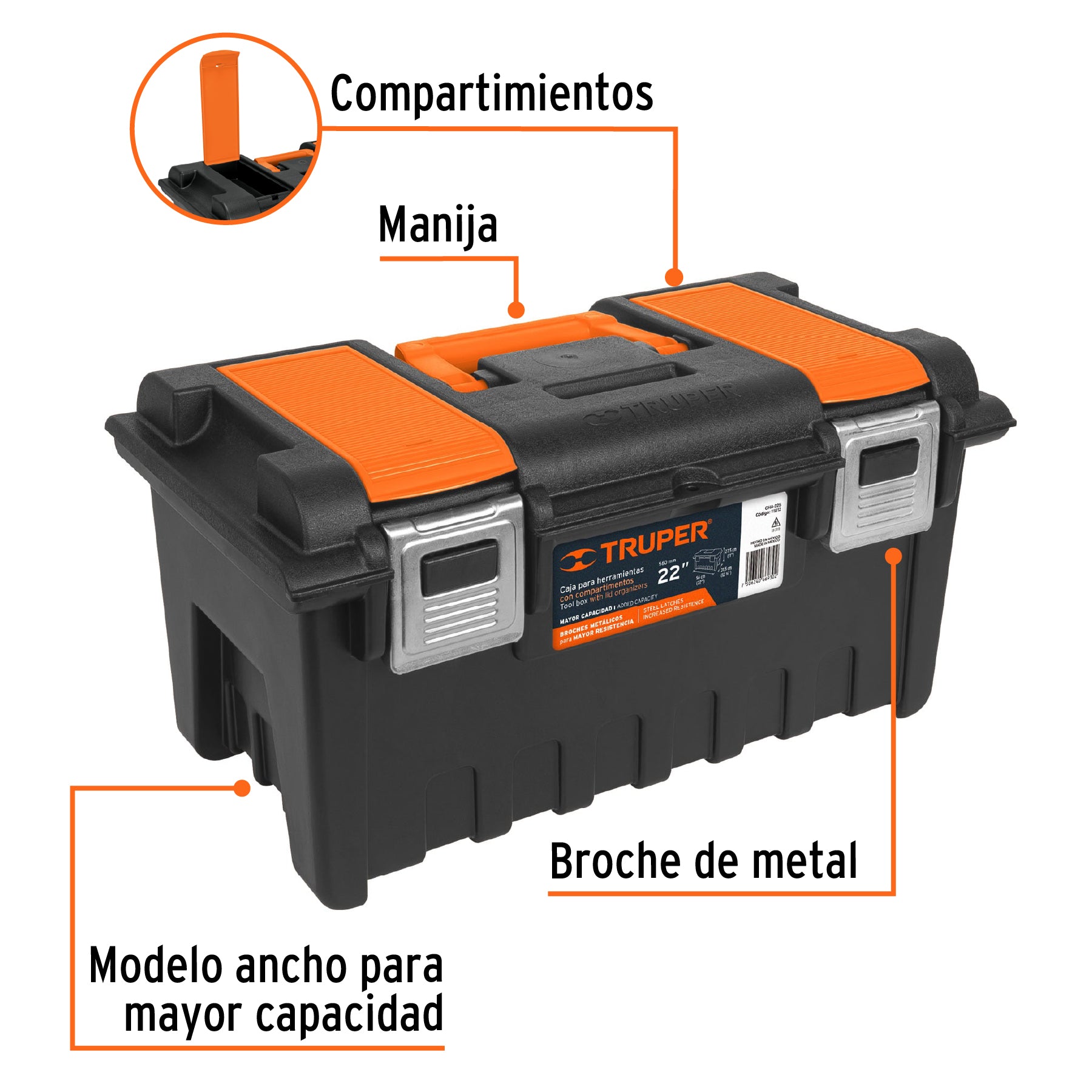 Caja p/herramienta 22" c/compartimentos y broches metálicos