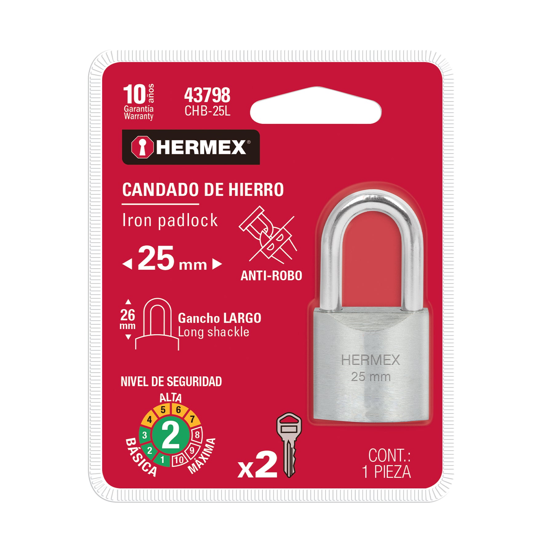 Candado de hierro 25 mm, gancho largo en blíster, HERMEX