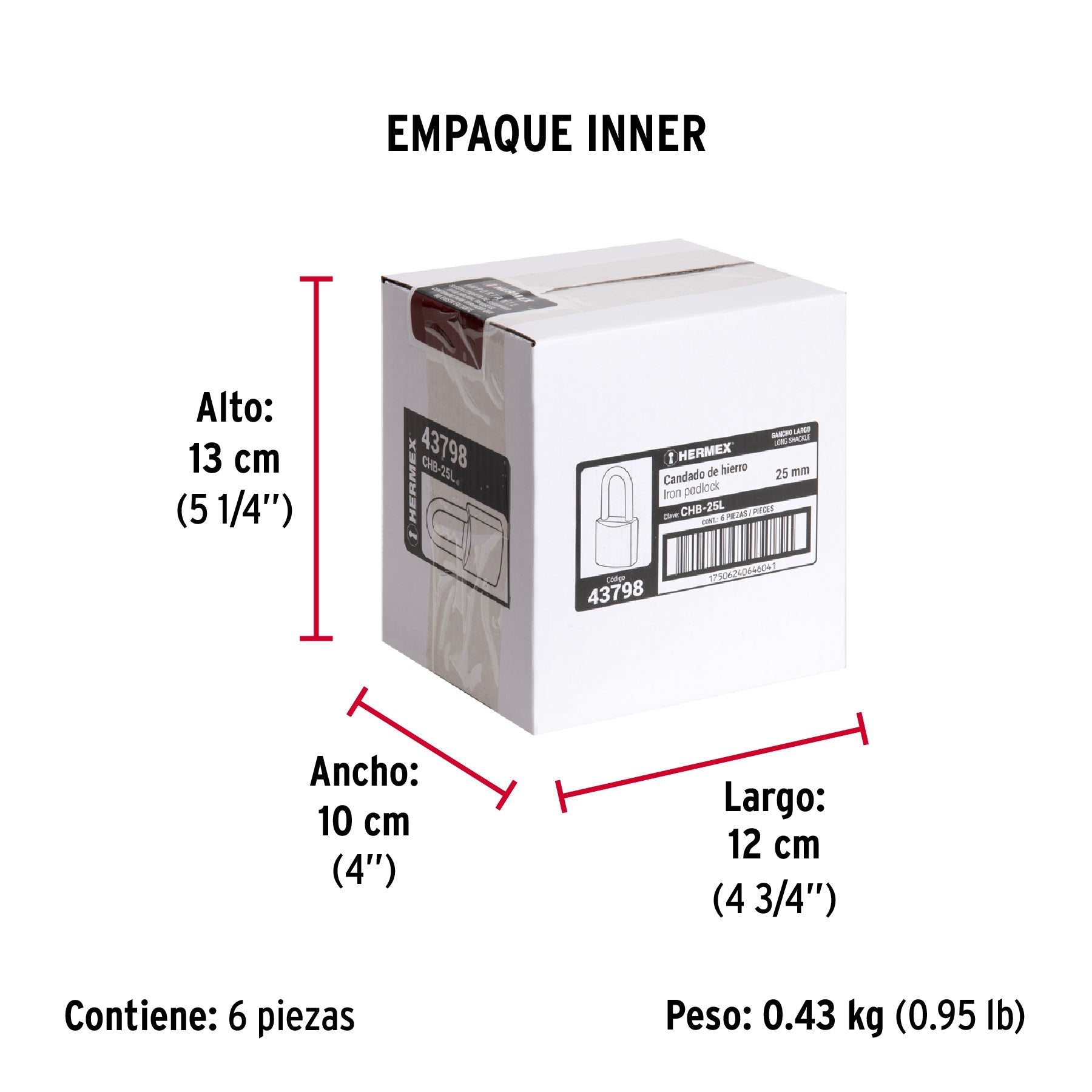 Candado de hierro 25 mm, gancho largo en blíster, HERMEX - Empaque