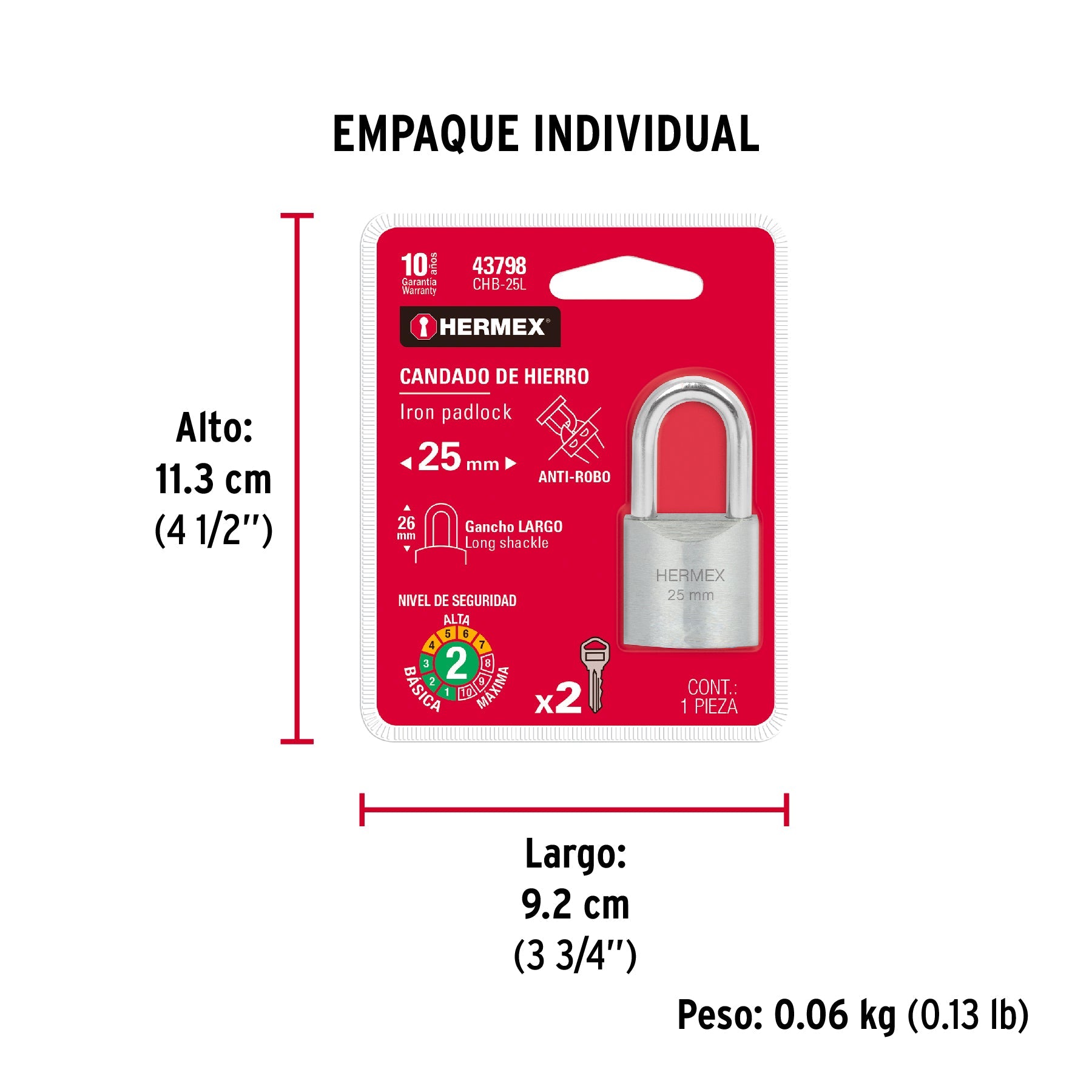 Candado de hierro 25 mm, gancho largo en blíster, HERMEX - Empaque
