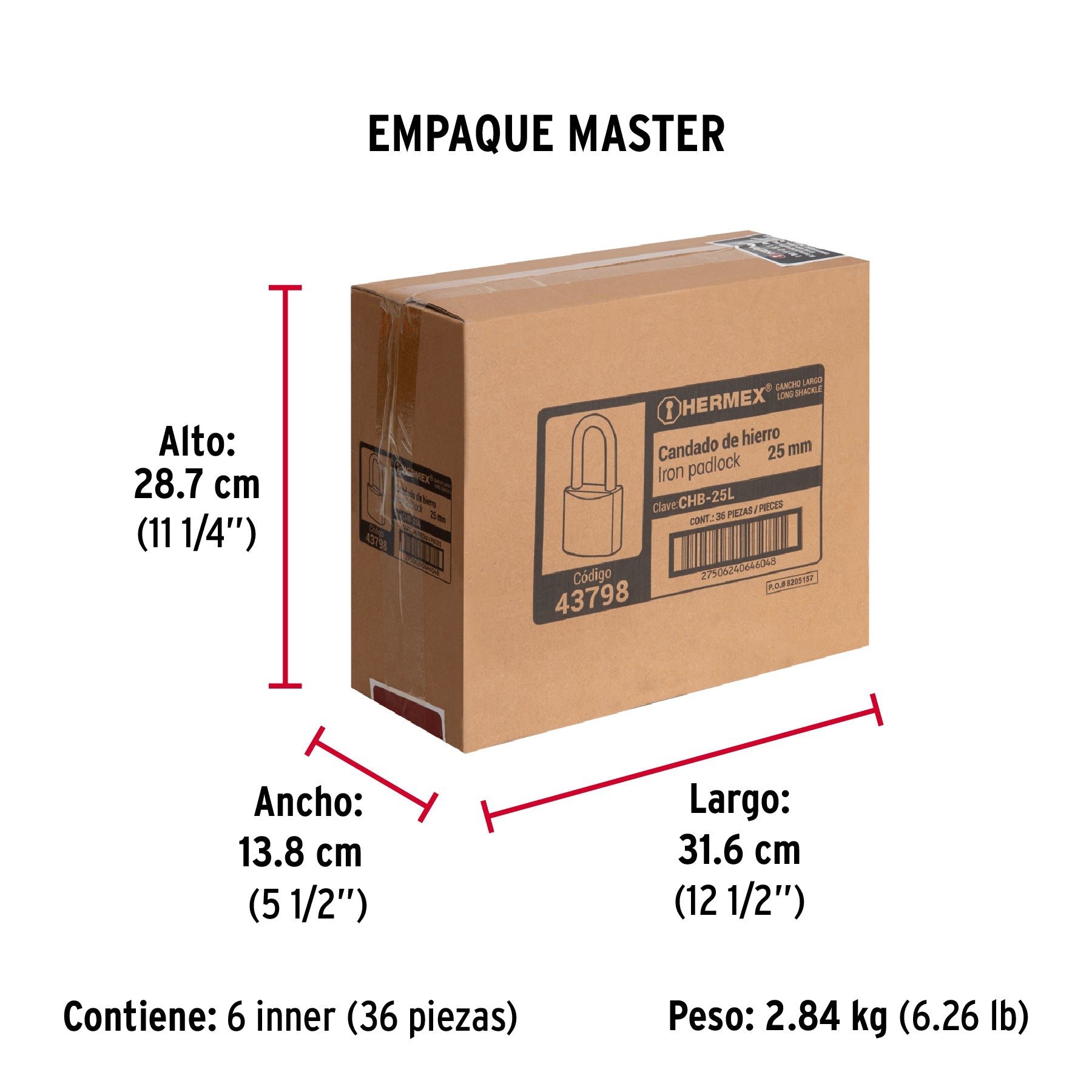 Candado de hierro 25 mm, gancho largo en blíster, HERMEX - Empaque