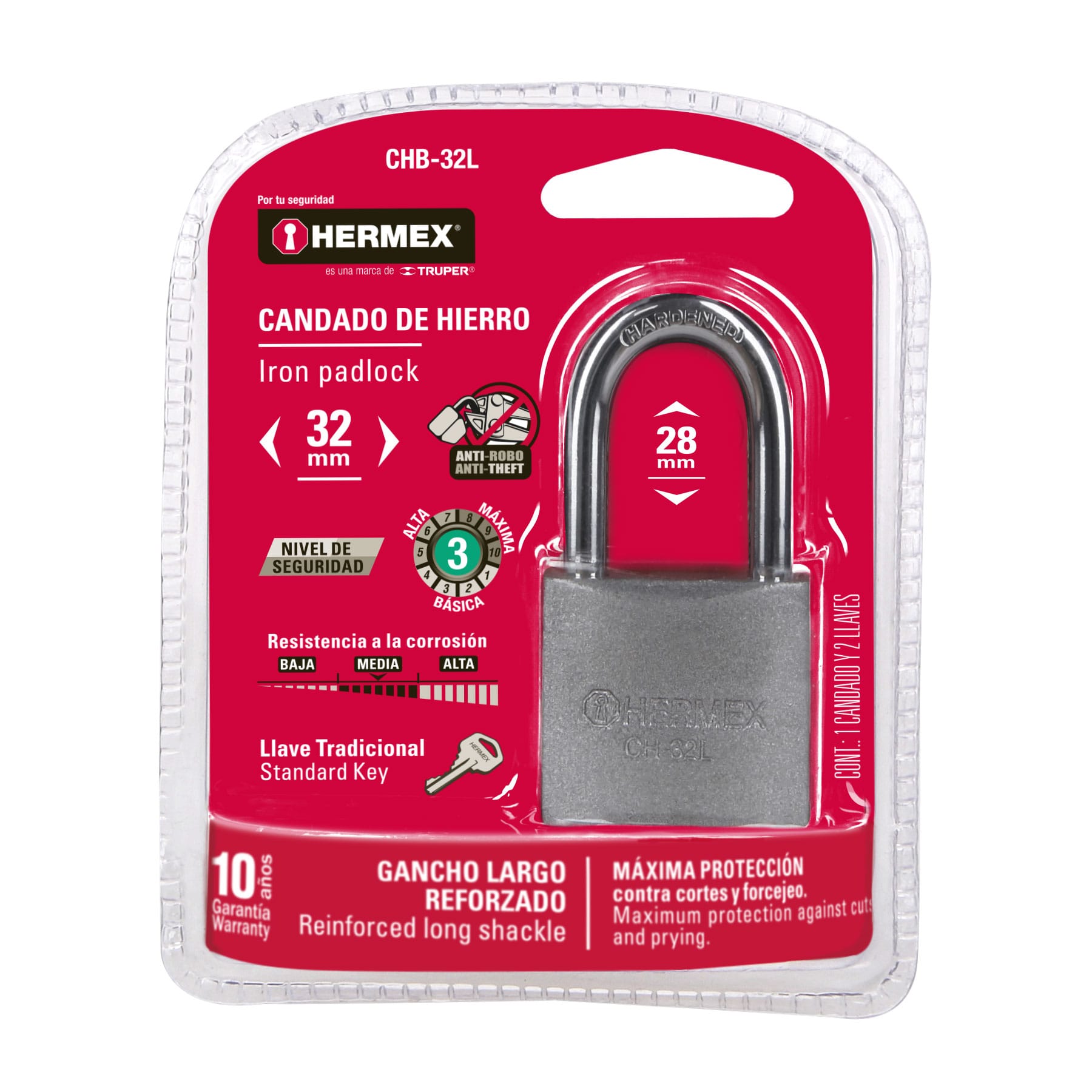 Candado de hierro 32 mm, gancho largo en blíster, HERMEX