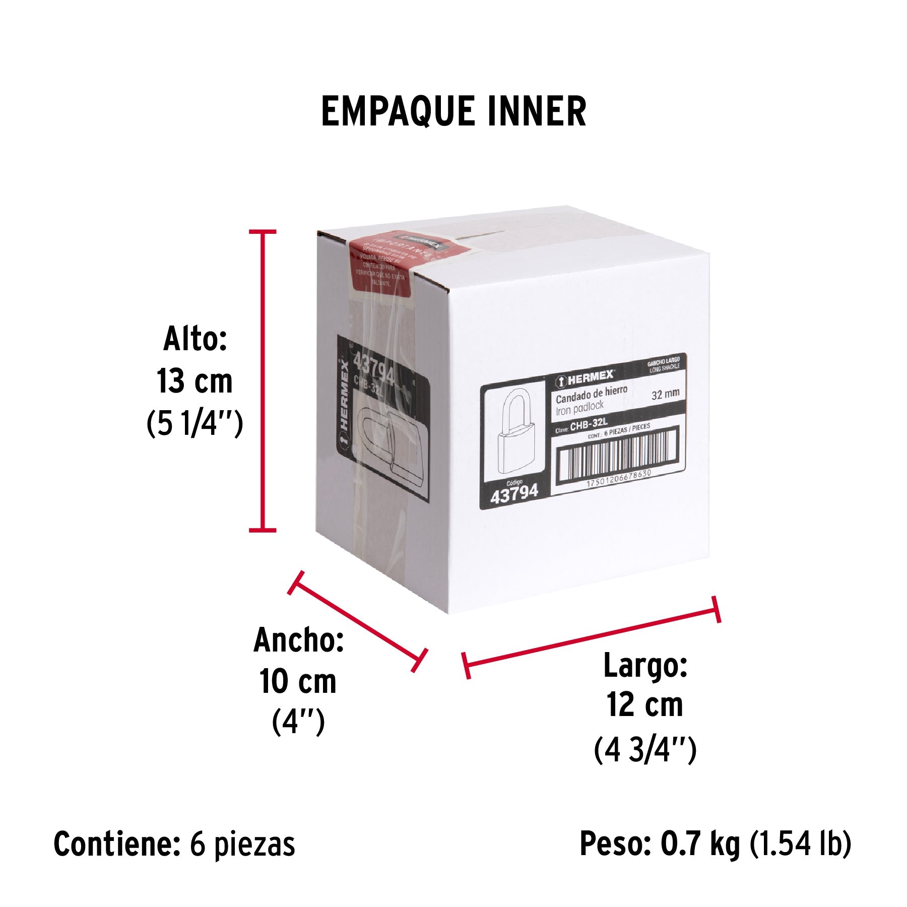 Candado de hierro 32 mm, gancho largo en blíster, HERMEX - Empaque