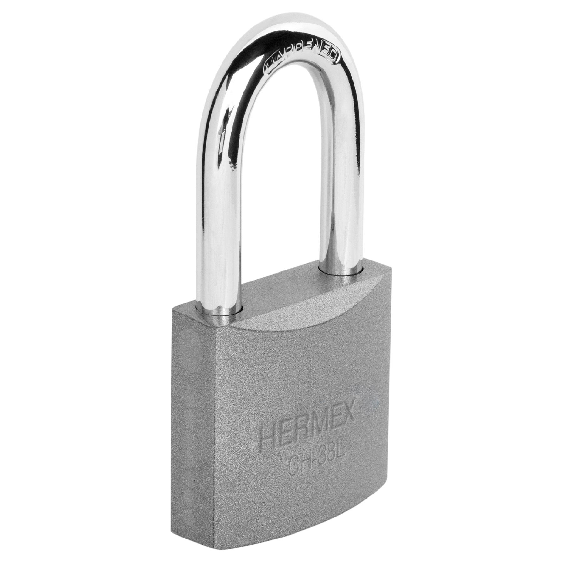 Candado de hierro 38 mm, gancho largo en blíster, HERMEX