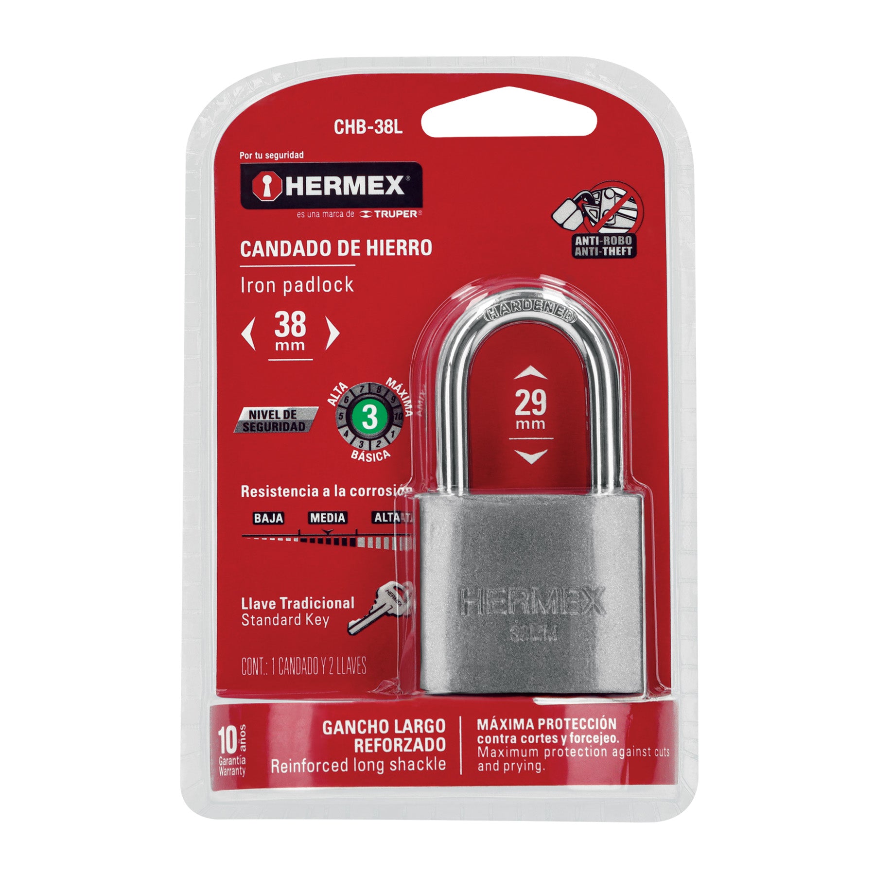 Candado de hierro 38 mm, gancho largo en blíster, HERMEX