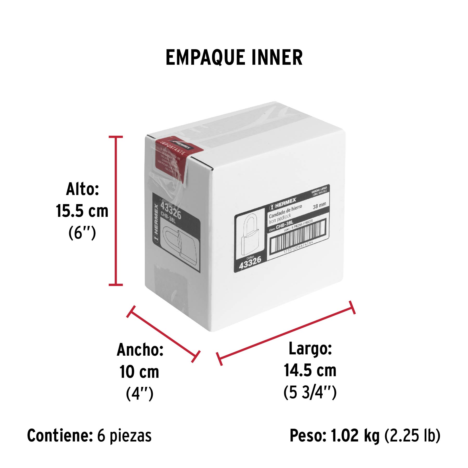 Candado de hierro 38 mm, gancho largo en blíster, HERMEX - Empaque