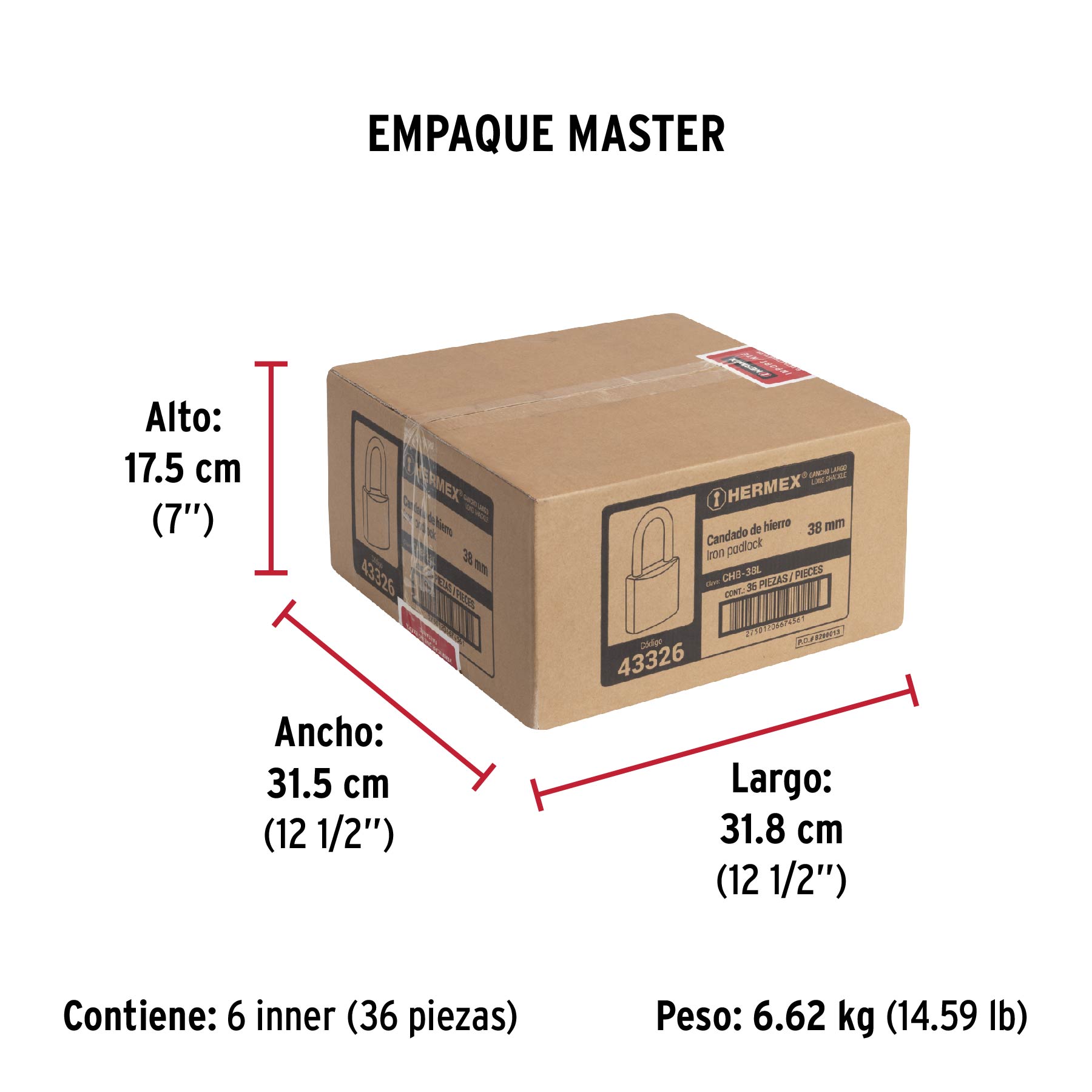 Candado de hierro 38 mm, gancho largo en blíster, HERMEX - Empaque