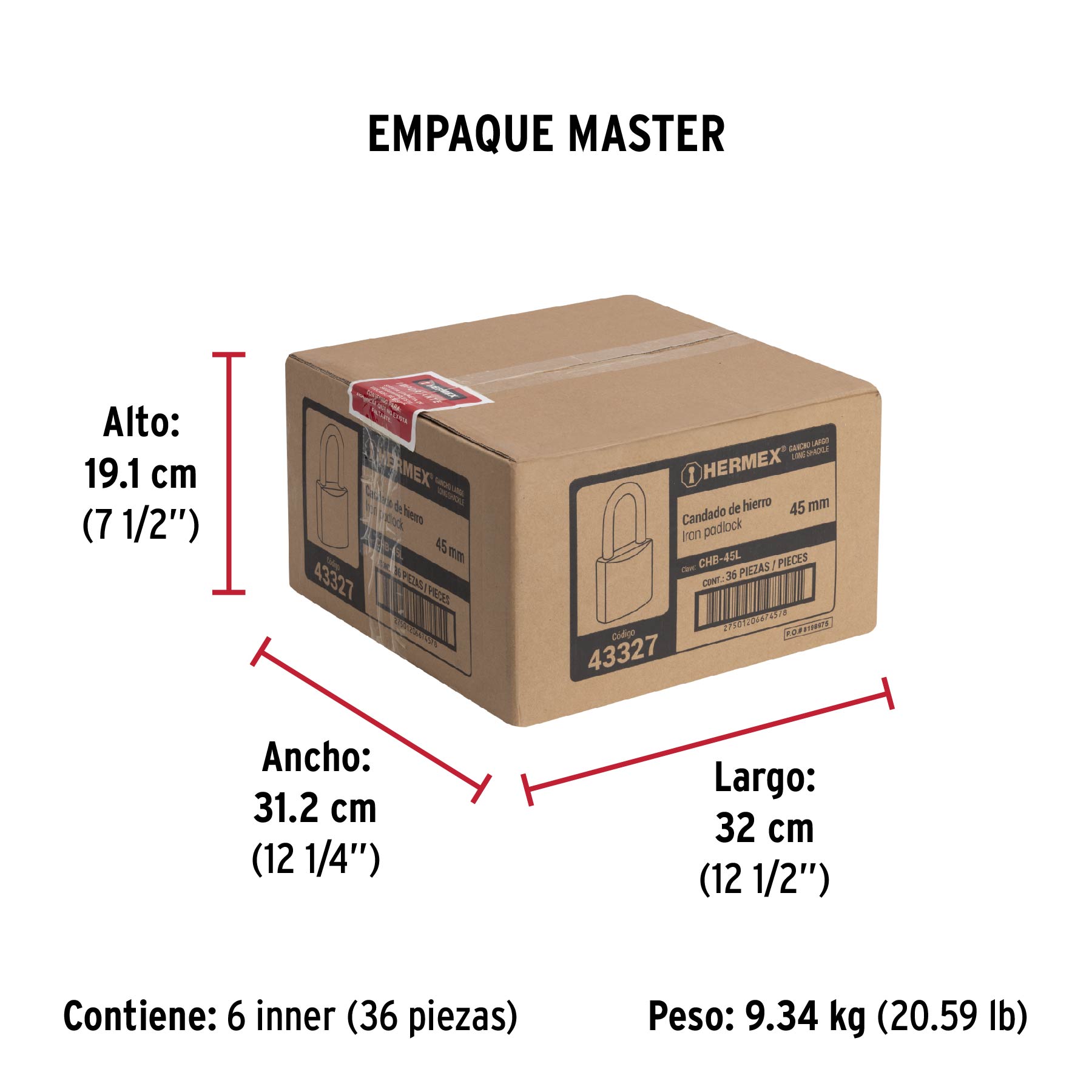 Candado de hierro 45 mm, gancho largo en blíster, HERMEX - Empaque